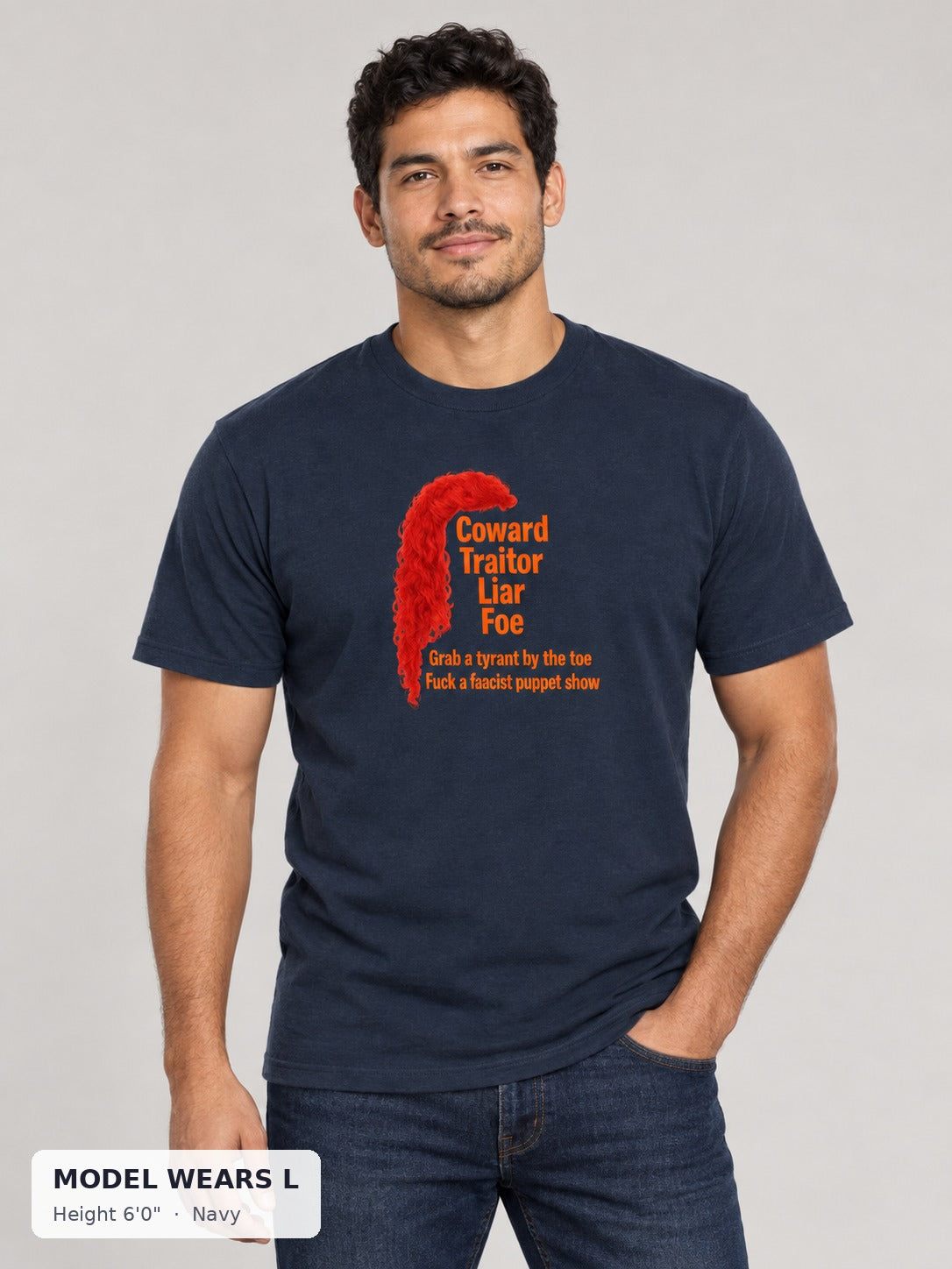 Coward. Traitor. Liar. Foe. Trump Protest Tee in Navy on an athletic model wearing size L, 6'0" - Good Trouble Fashion