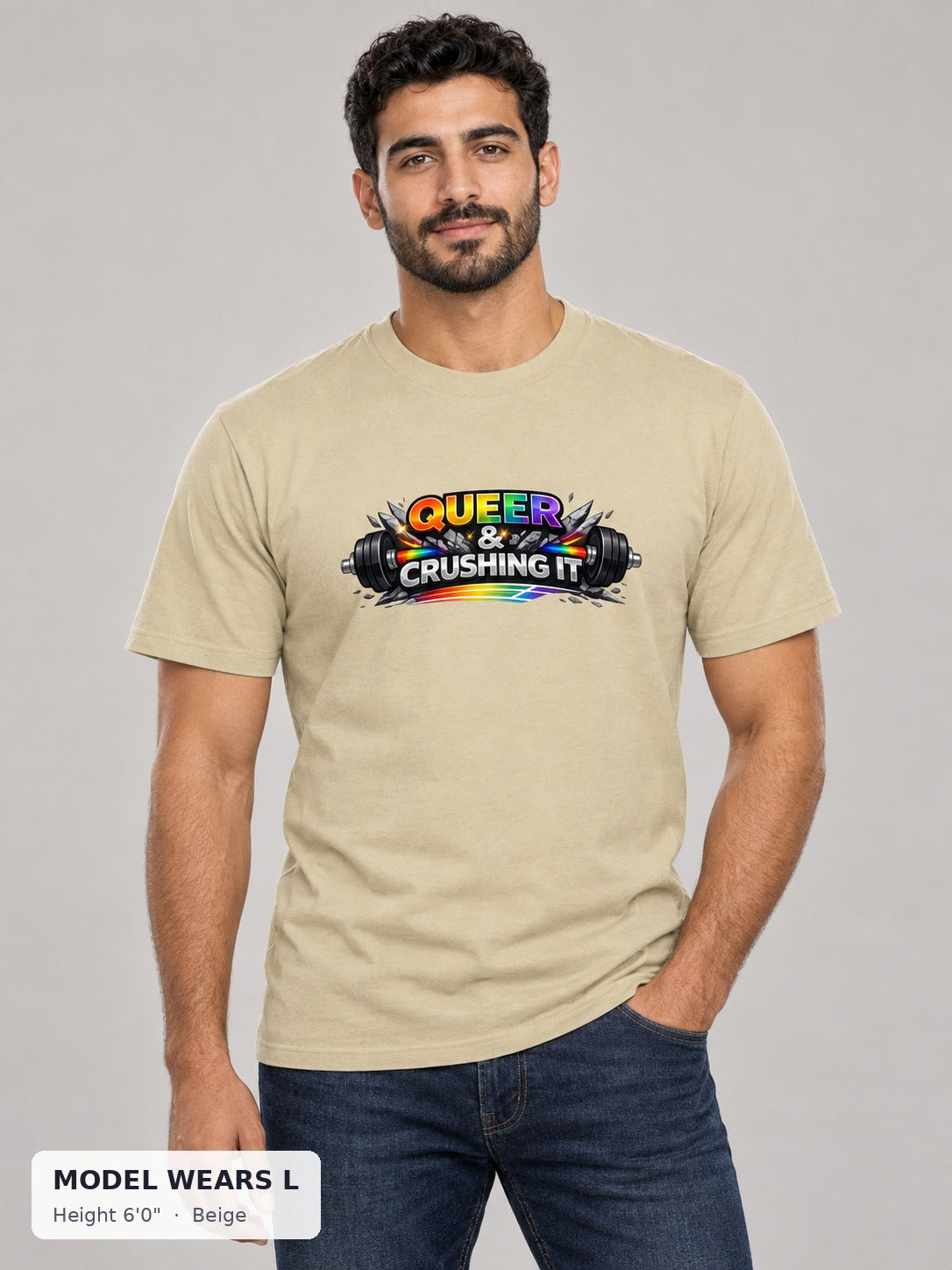 Queer & Crushing It Workout Tee in Beige on an athletic model wearing size L, 6'0" - Good Trouble Fashion