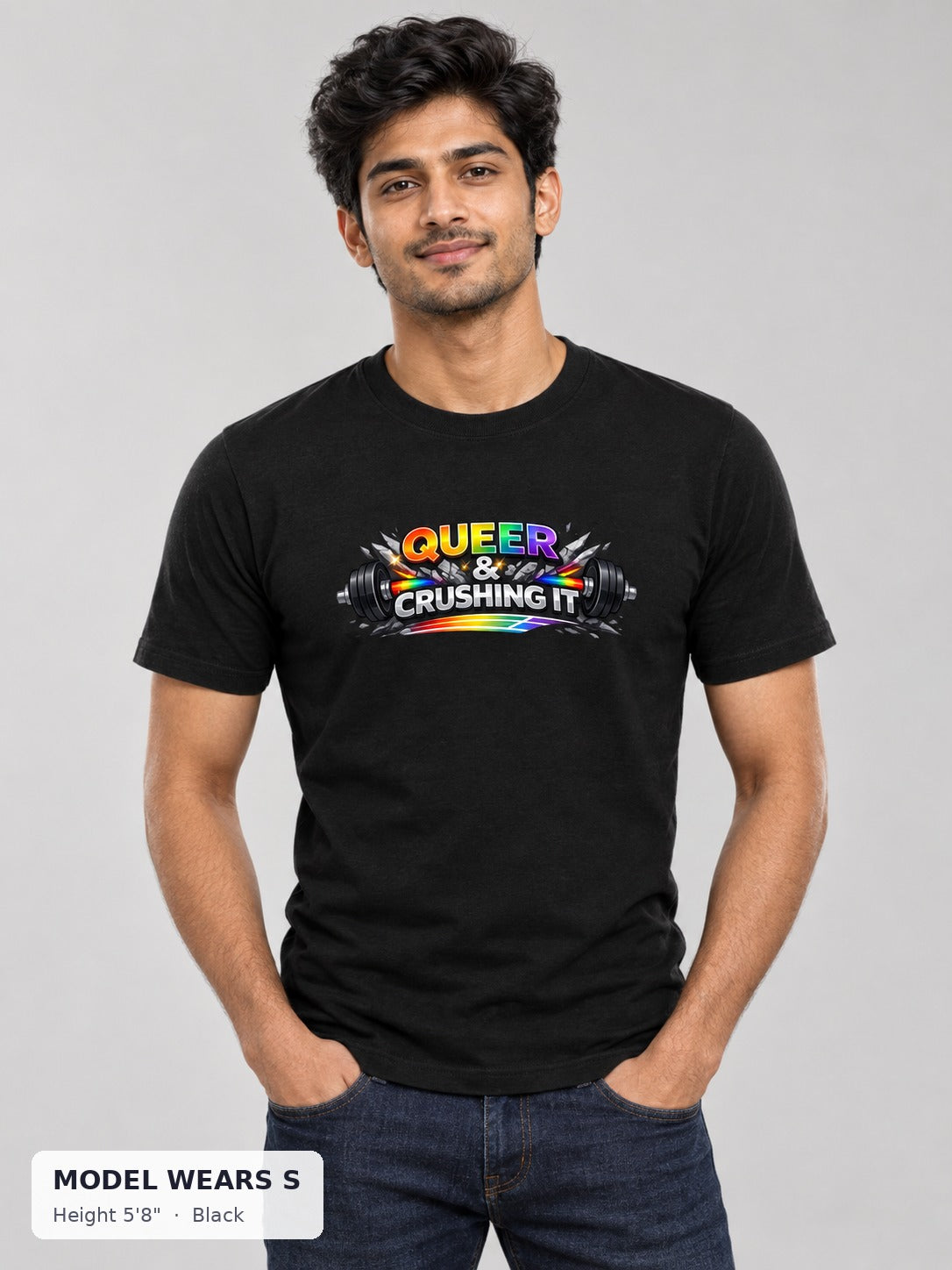Queer & Crushing It Workout Tee in Black on a slim model wearing size S, 5'8" - Good Trouble Fashion