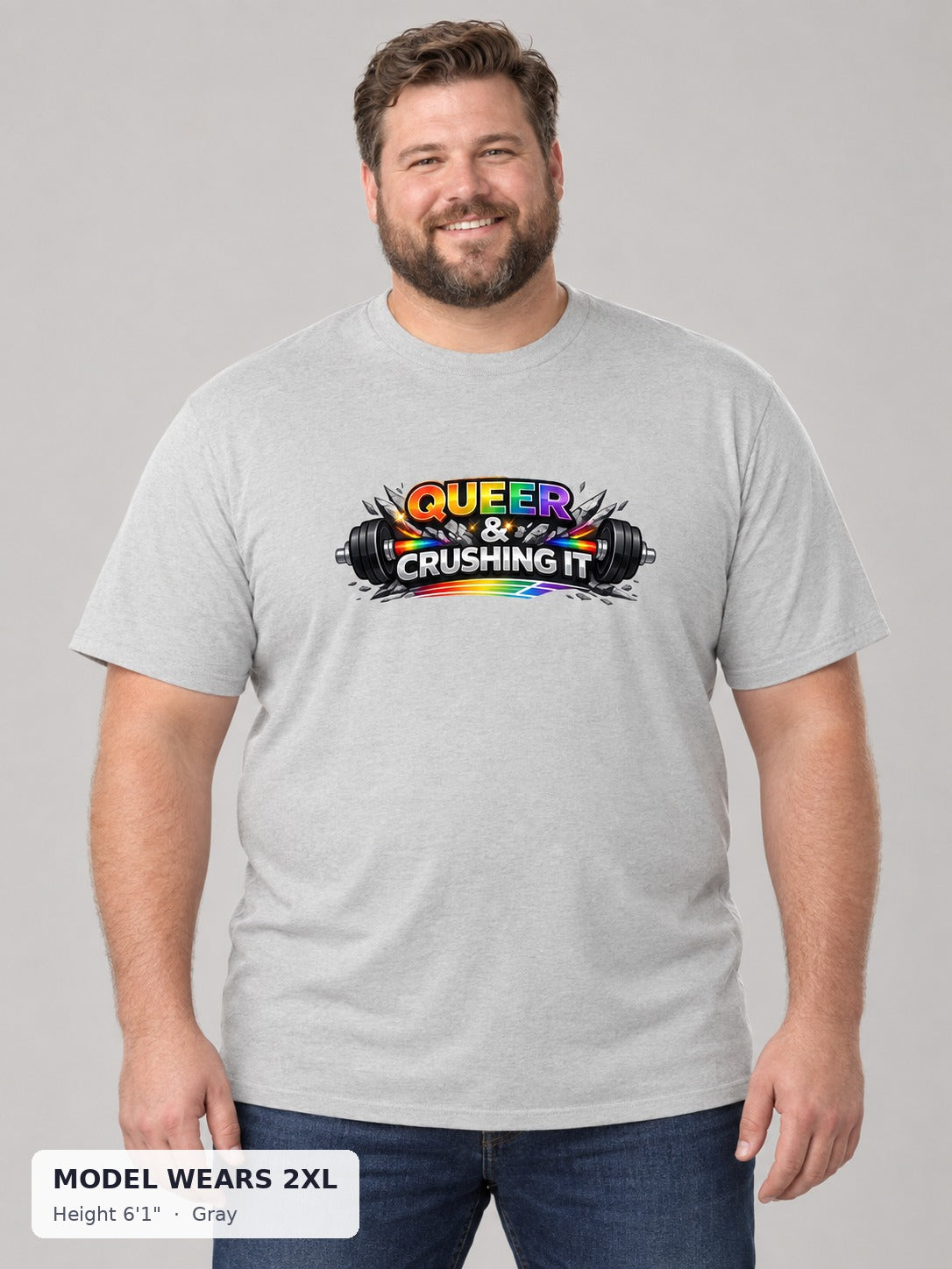 Queer & Crushing It Workout Tee in Gray on a plus-size model wearing size 2XL, 6'1" - Good Trouble Fashion