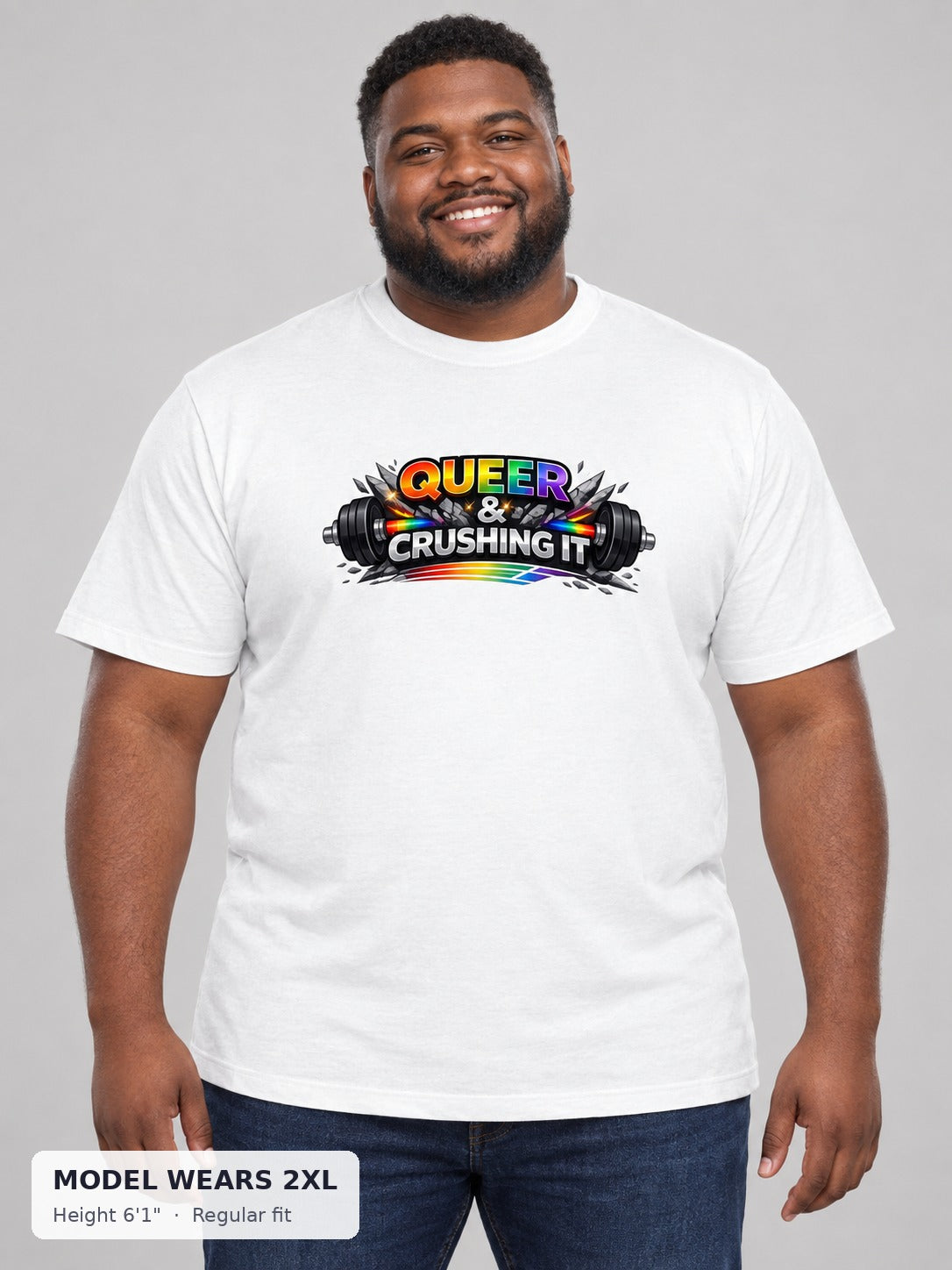 Queer & Crushing It Workout Tee on a plus-size model wearing size 2XL, 6'1" - Good Trouble Fashion