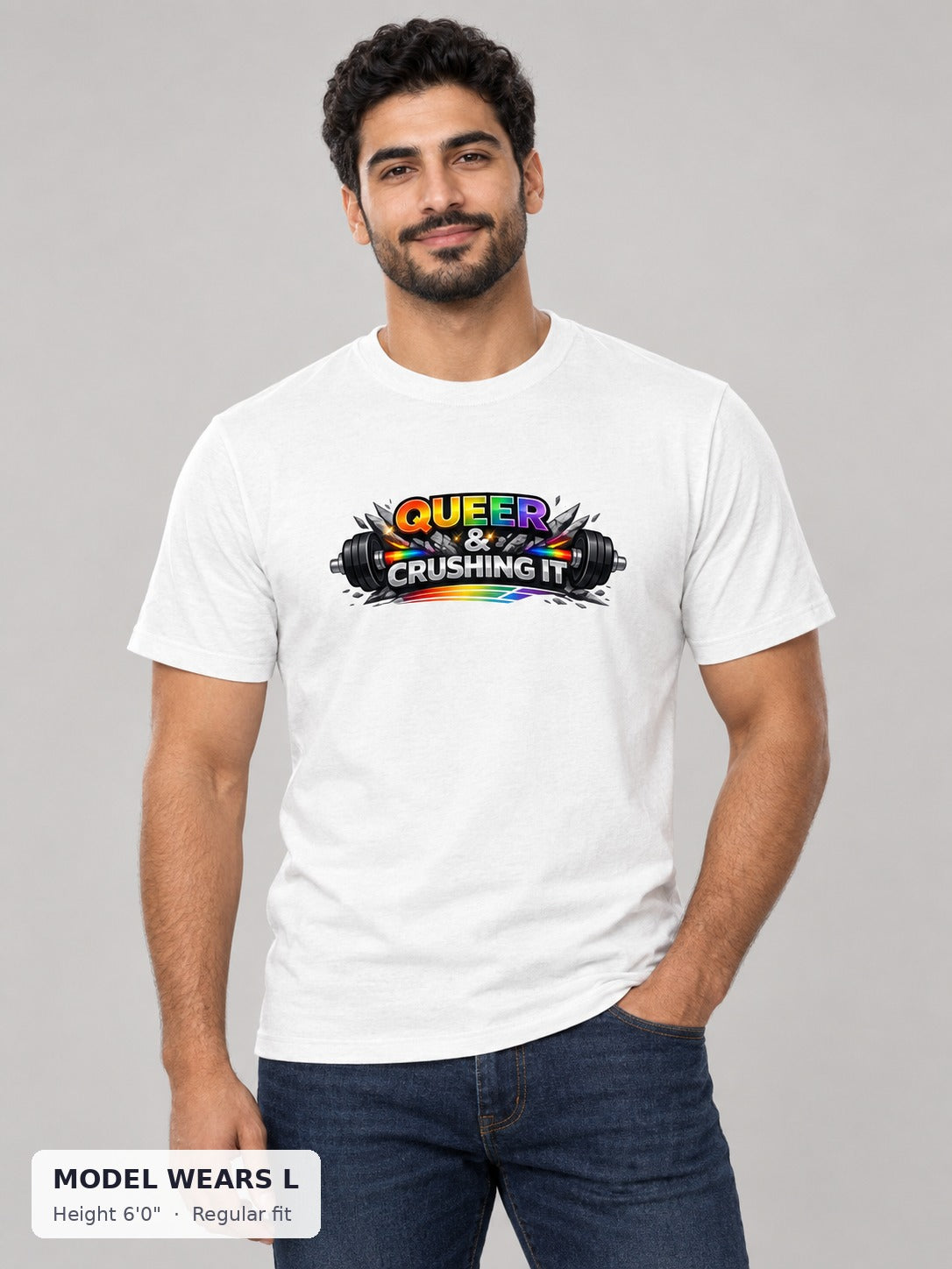 Queer & Crushing It Workout Tee on an athletic model wearing size L, 6'0" - Good Trouble Fashion