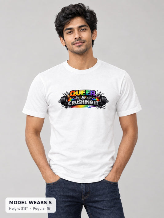 Queer & Crushing It Workout Tee on a slim model wearing size S, 5'8" - Good Trouble Fashion