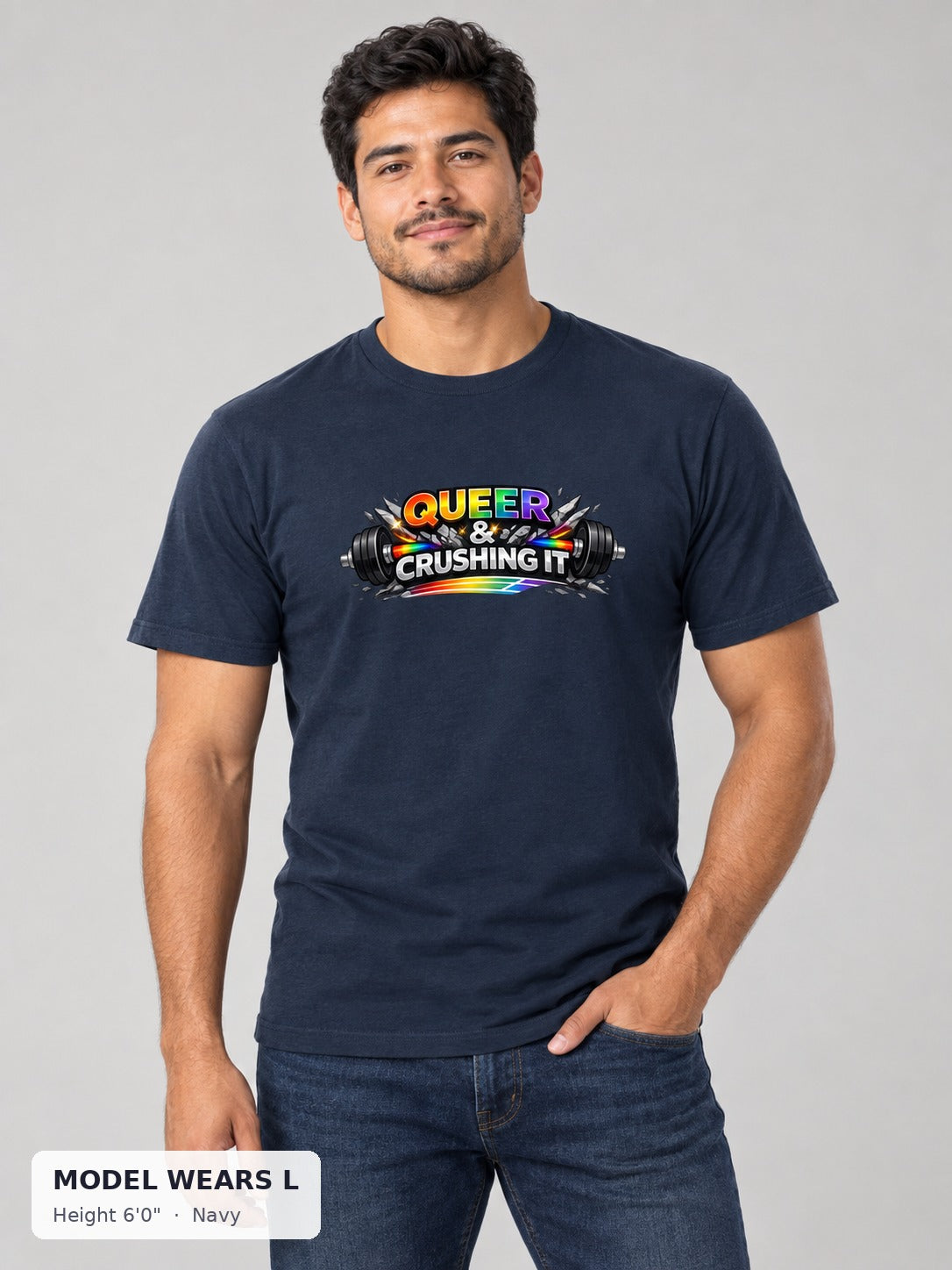 Queer & Crushing It Workout Tee in Navy on an athletic model wearing size L, 6'0" - Good Trouble Fashion