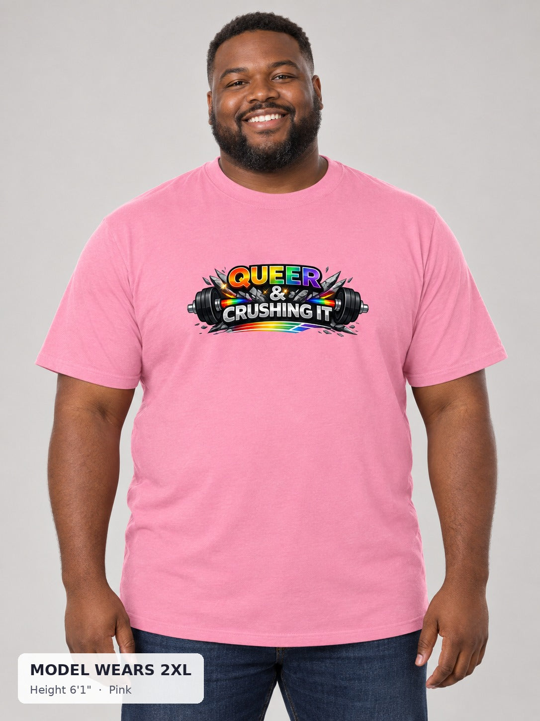Queer & Crushing It Workout Tee in Pink on a plus-size model wearing size 2XL, 6'1" - Good Trouble Fashion