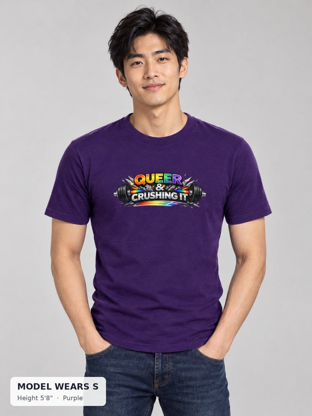 Queer & Crushing It Workout Tee in Purple on a slim model wearing size S, 5'8" - Good Trouble Fashion