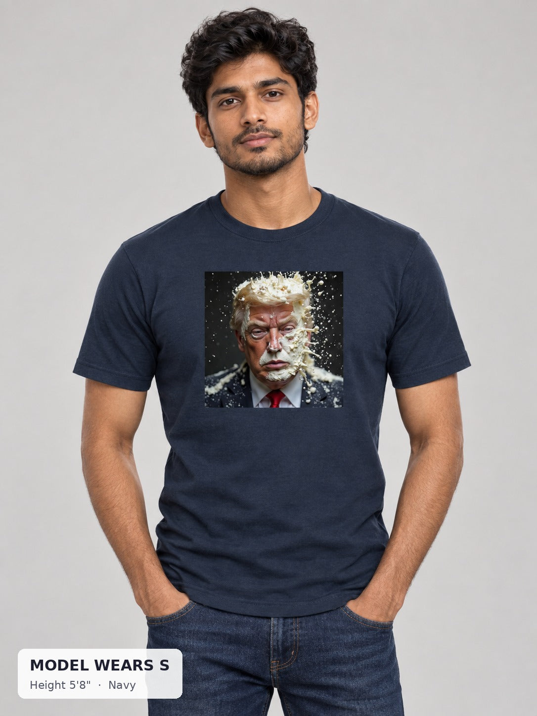 Cum Dump Trump Tee in Navy on a slim model wearing size S, 5'8" - Good Trouble Fashion