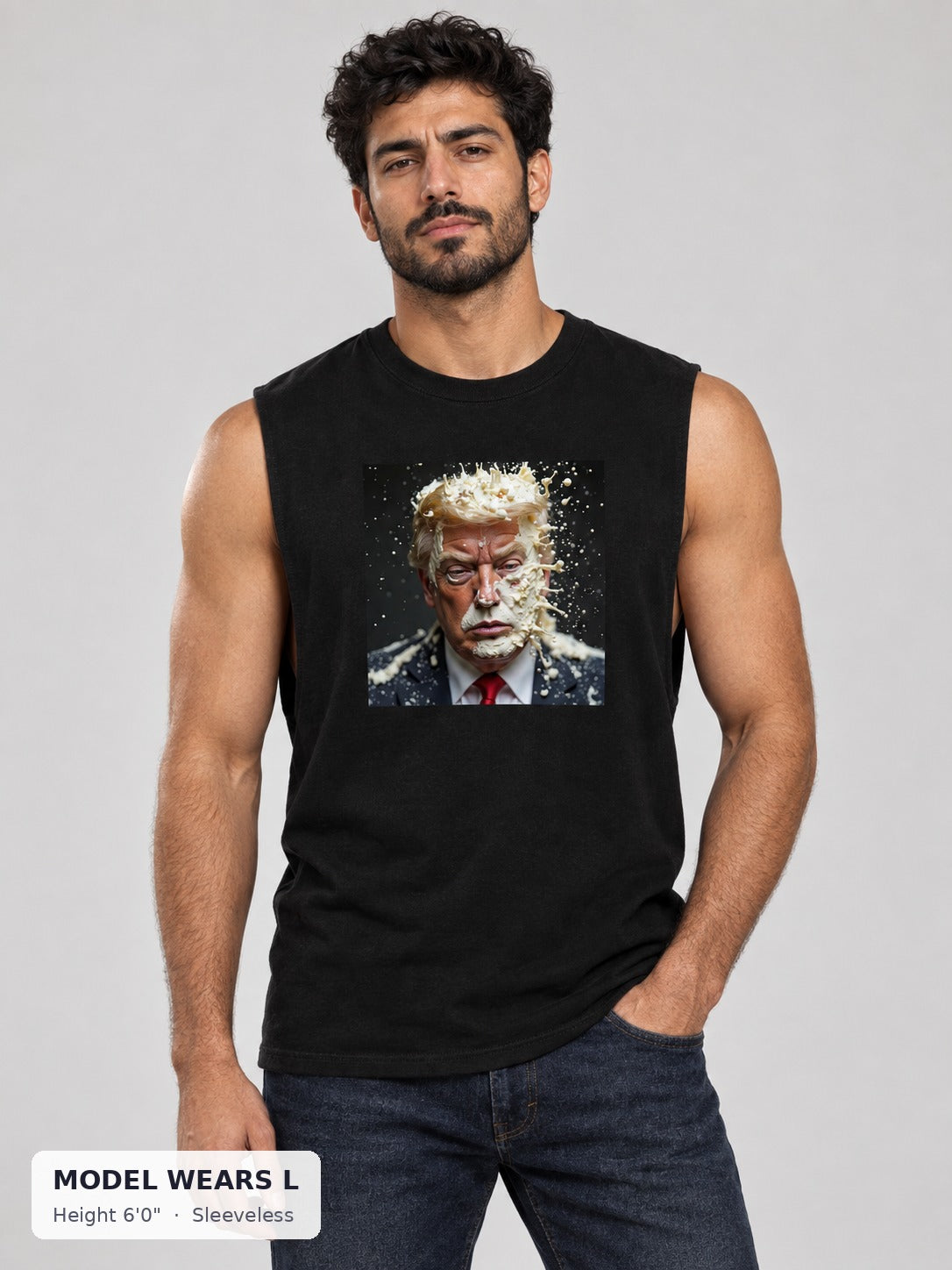 Cum Dump Trump Tee on an athletic model wearing size L, 6'0" - Good Trouble Fashion