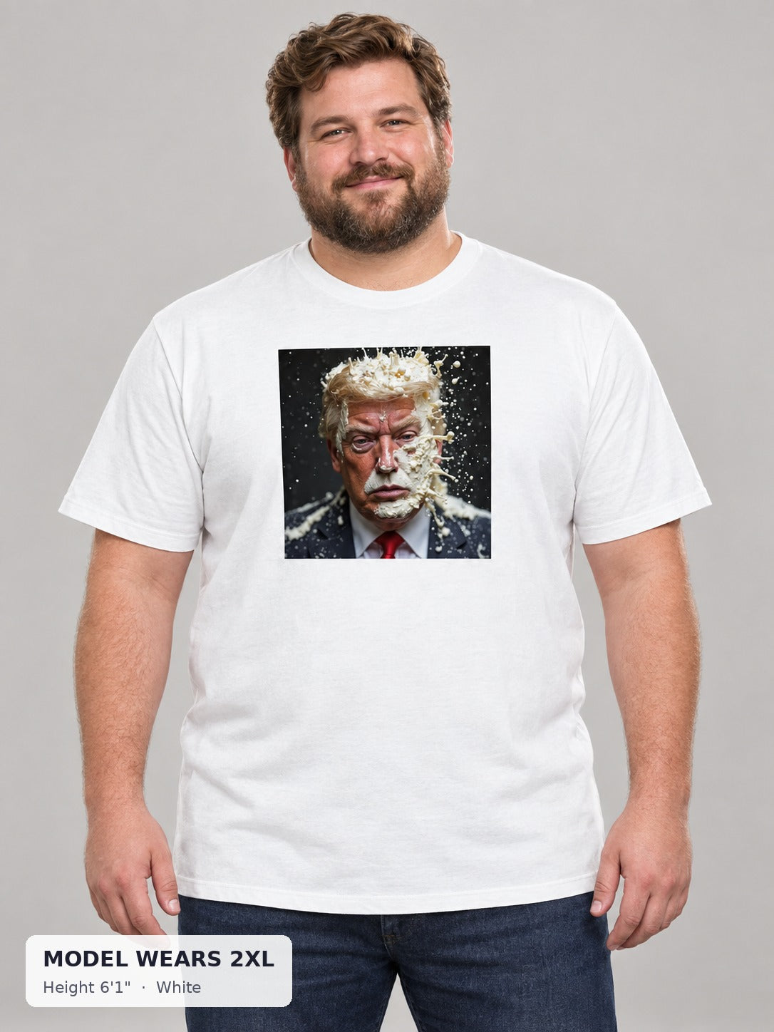Cum Dump Trump Tee in White on a plus-size model wearing size 2XL, 6'1" - Good Trouble Fashion
