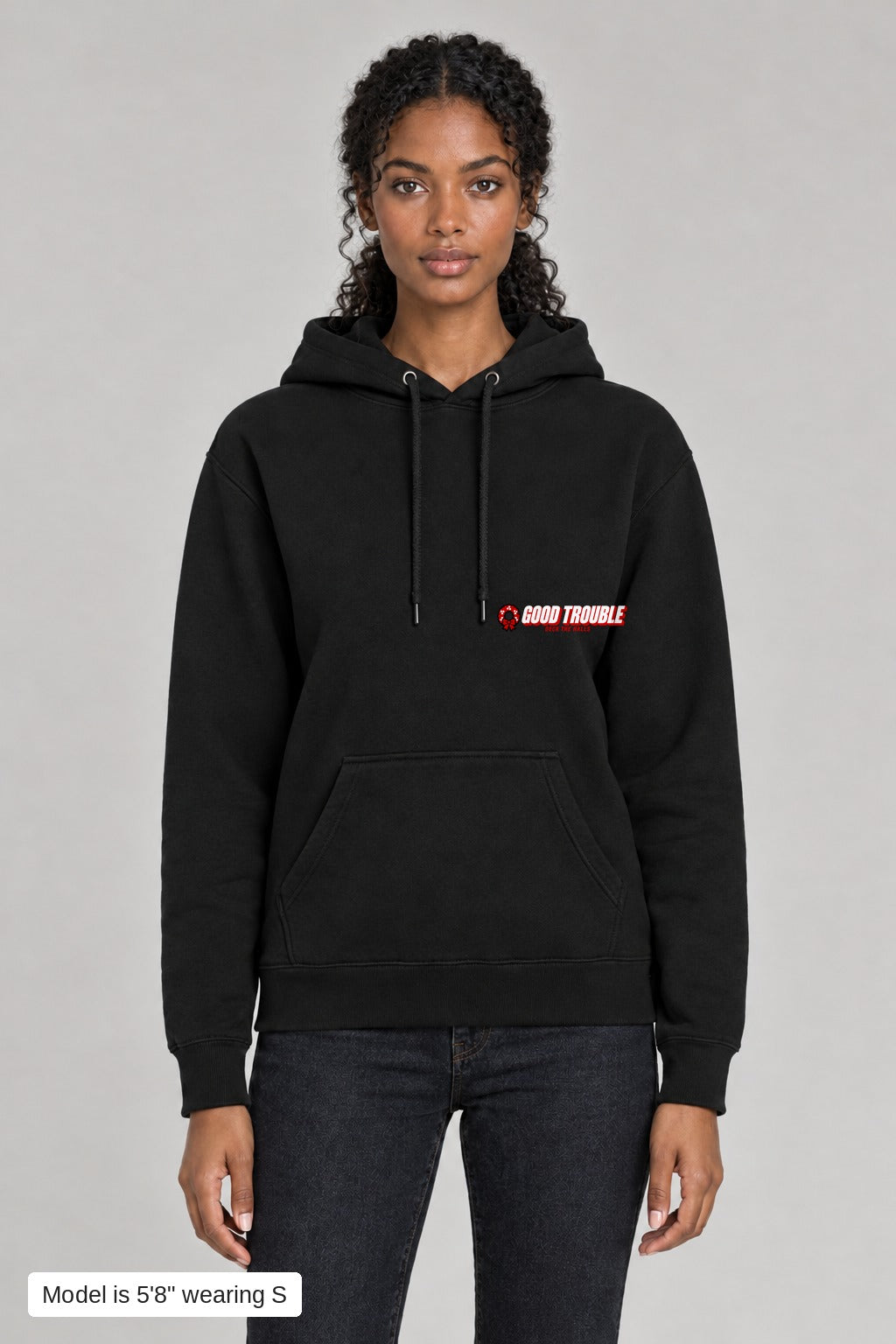 Deck the Halls Hoodie in Black, front view with Good Trouble chest logo, model is 5'8" wearing S