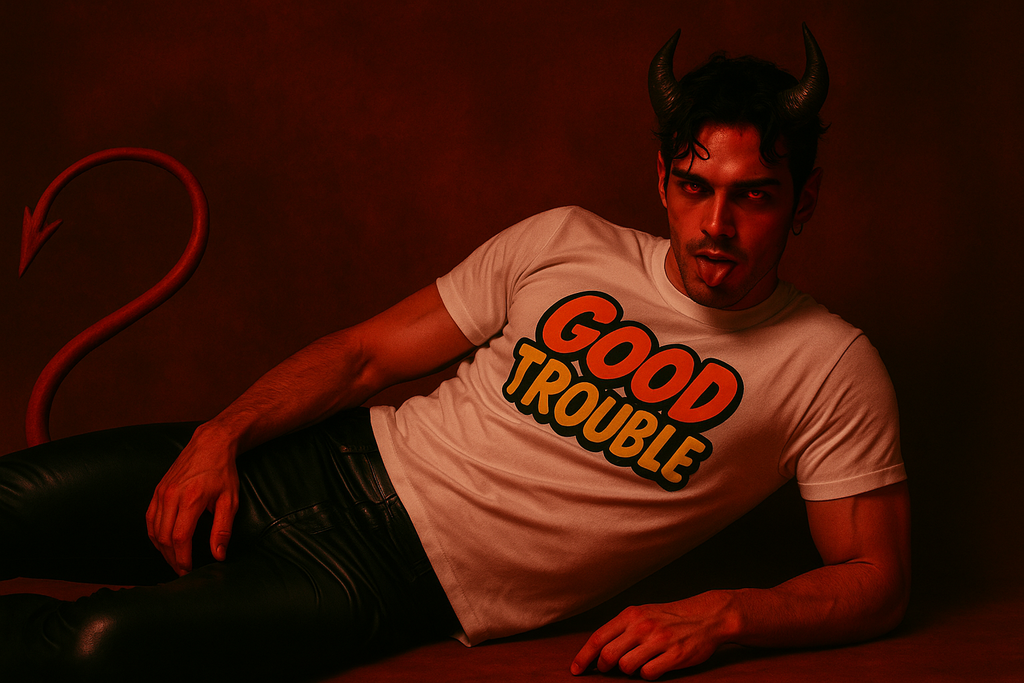 Man wearing Good Trouble Garments orange lettered slogan shirt with black leather pants and horns in dark setting