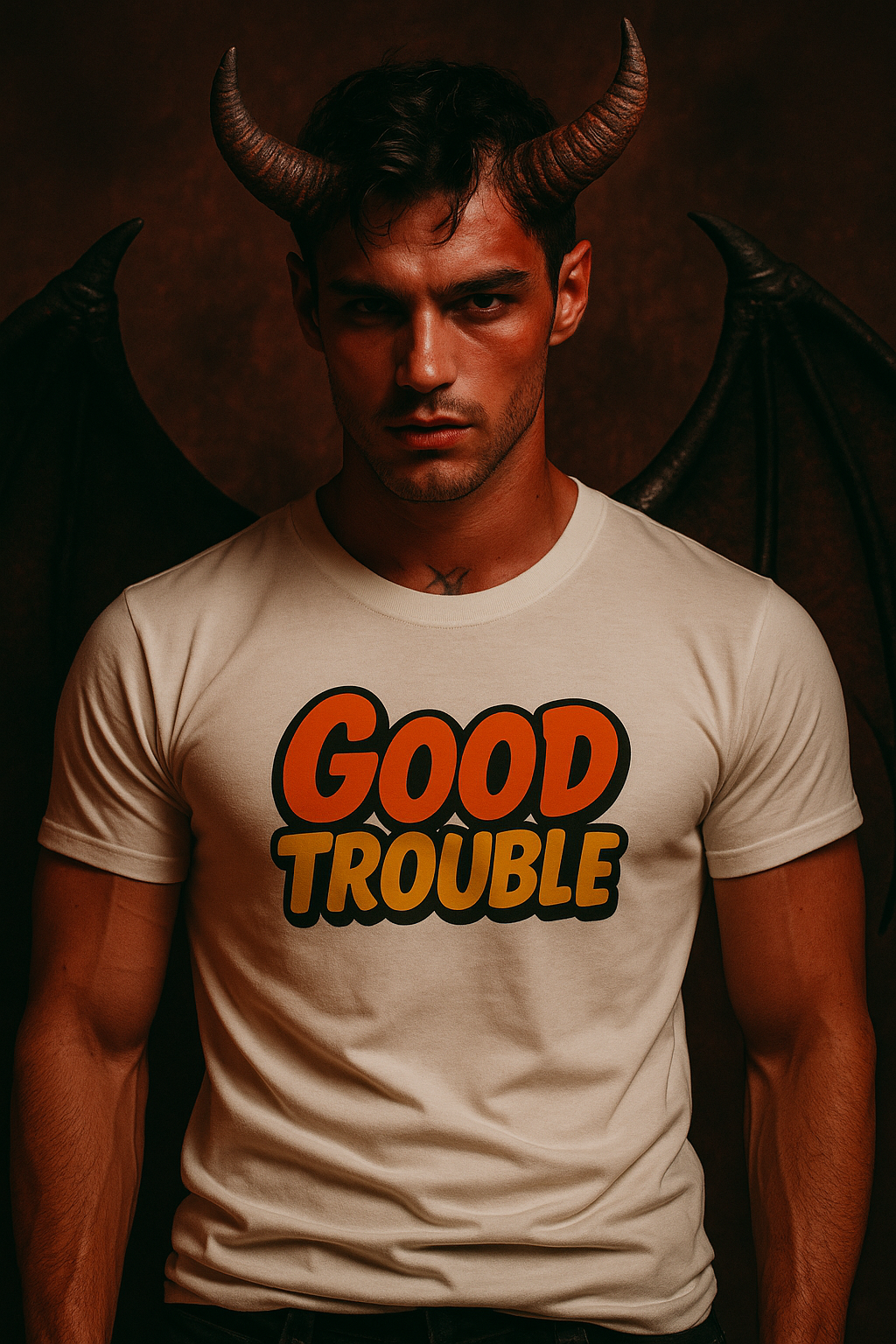 Man wearing orange lettered slogan shirt with Good Trouble Garments logo from GOOD TROUBLE FASHION