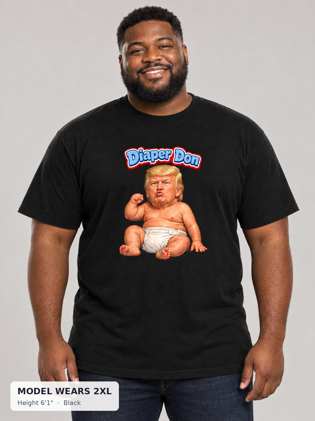 Diaper Don Political Tee in Black on a plus-size model wearing size 2XL, 6'1" - Good Trouble Fashion