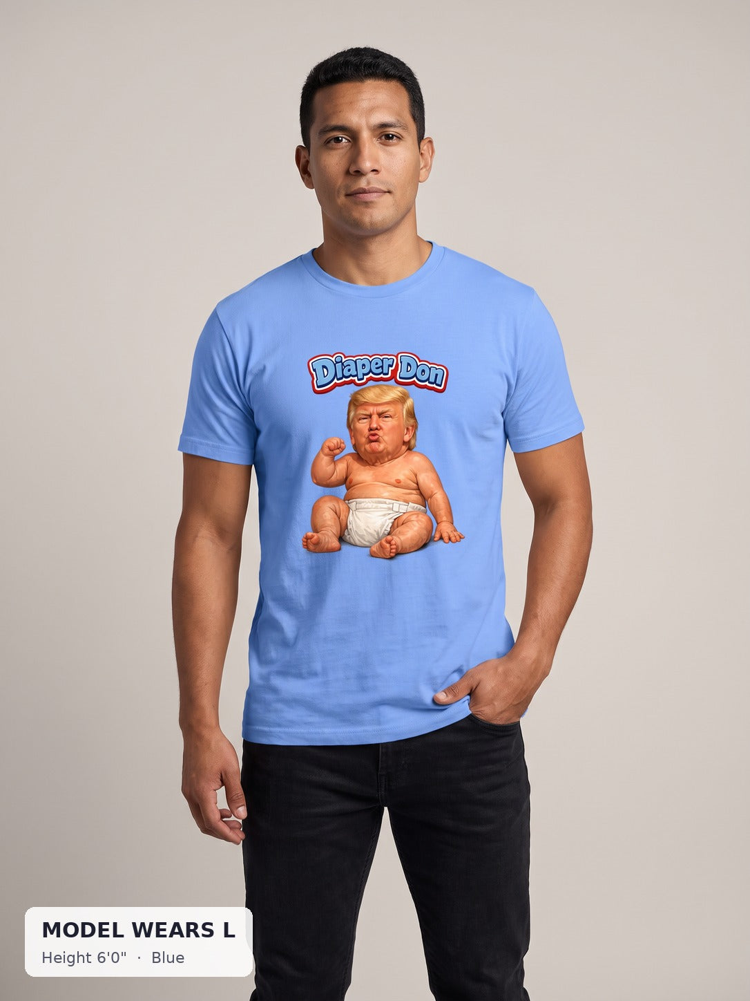 Diaper Don Political Tee in Blue on an athletic model wearing size L, 6'0" - Good Trouble Fashion