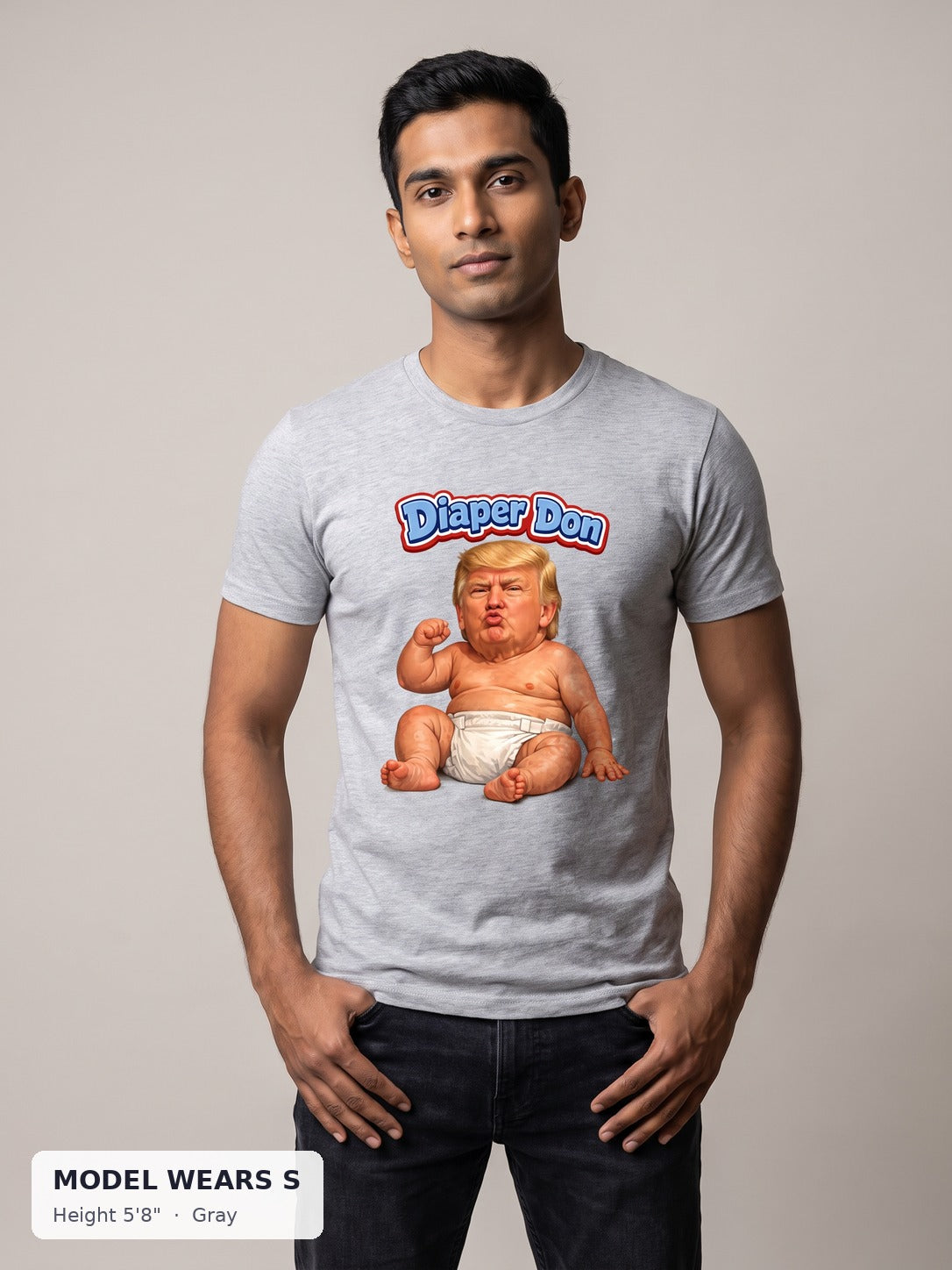 Diaper Don Political Tee in Gray on a slim model wearing size S, 5'8" - Good Trouble Fashion
