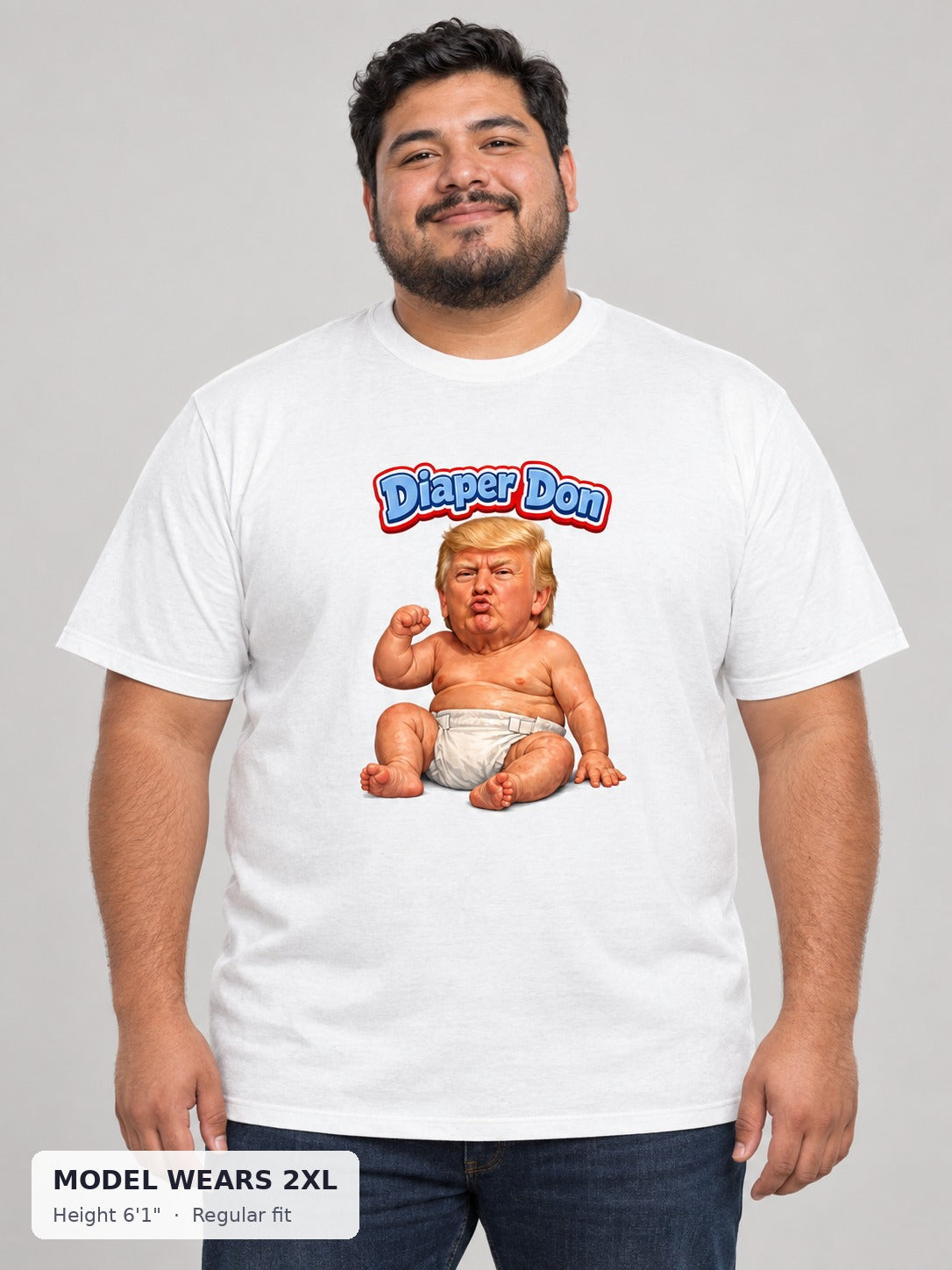 Diaper Don Political Tee on a plus-size model wearing size 2XL, 6'1" - Good Trouble Fashion