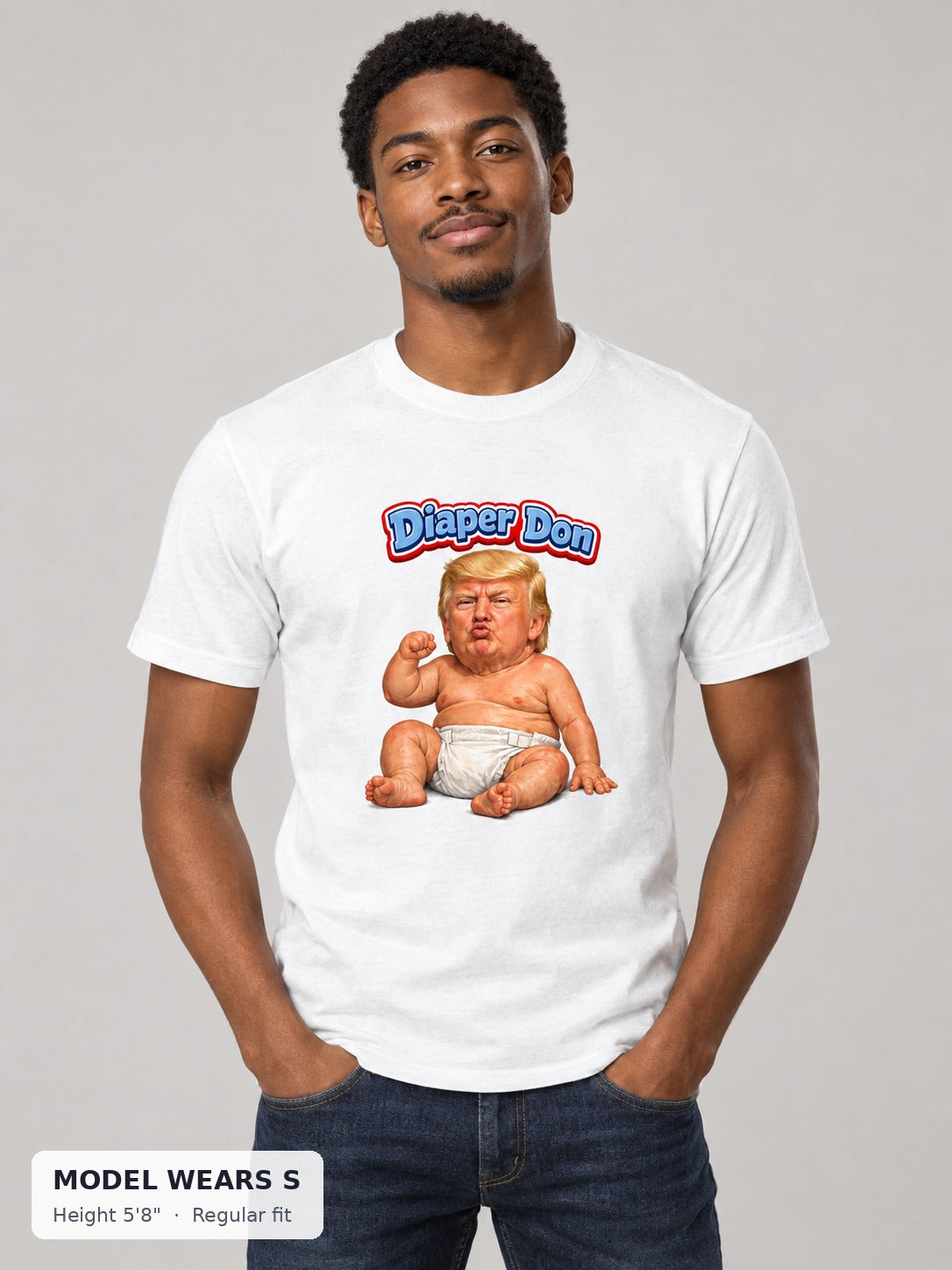 Diaper Don Political Tee on a slim model wearing size S, 5'8" - Good Trouble Fashion