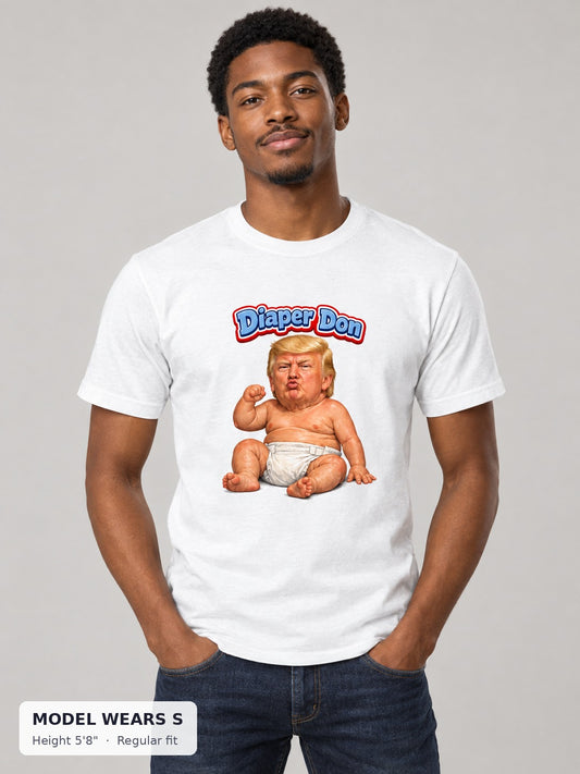 Diaper Don Political Tee on a slim model wearing size S, 5'8" - Good Trouble Fashion