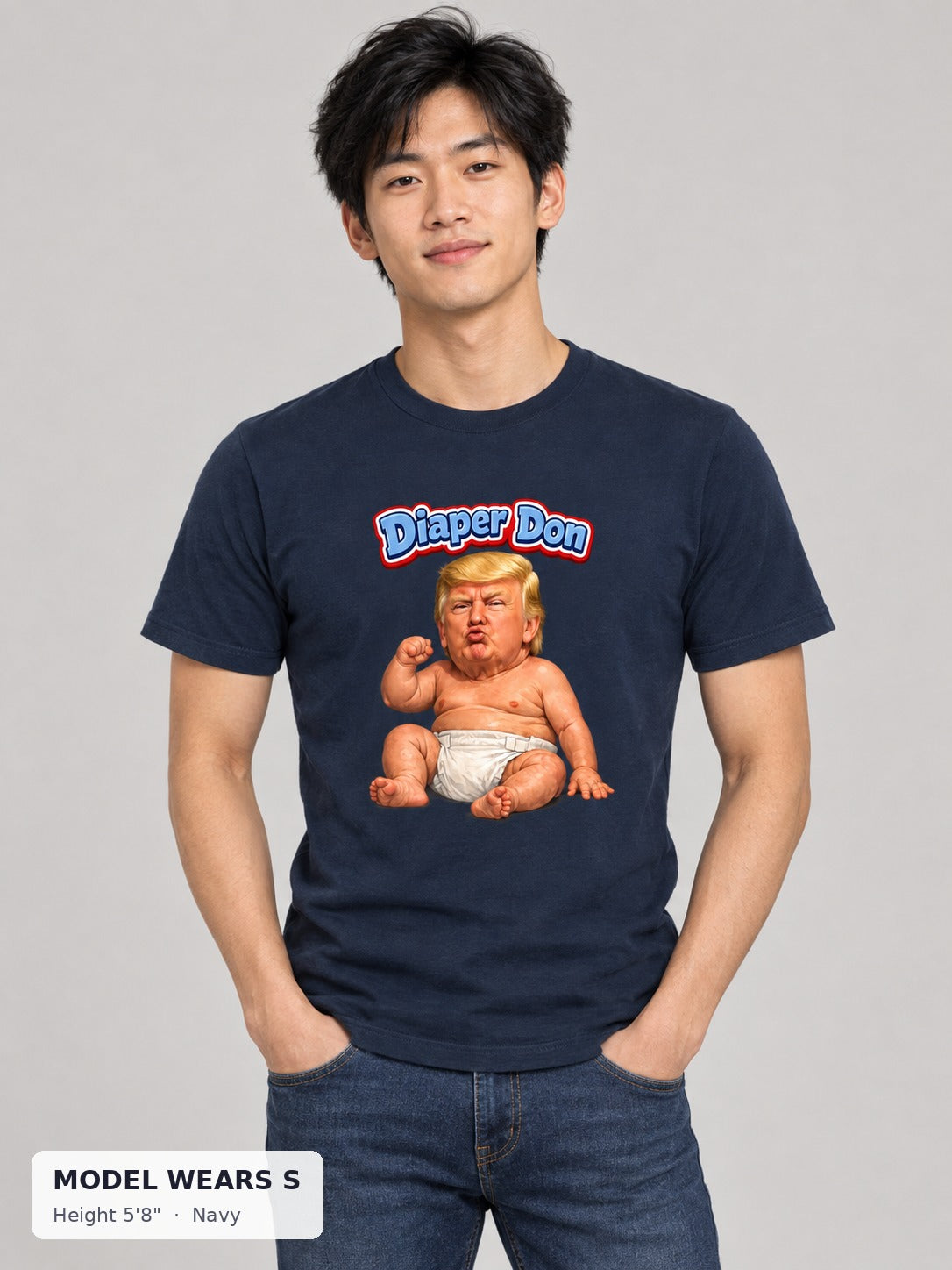 Diaper Don Political Tee in Navy on a slim model wearing size S, 5'8" - Good Trouble Fashion