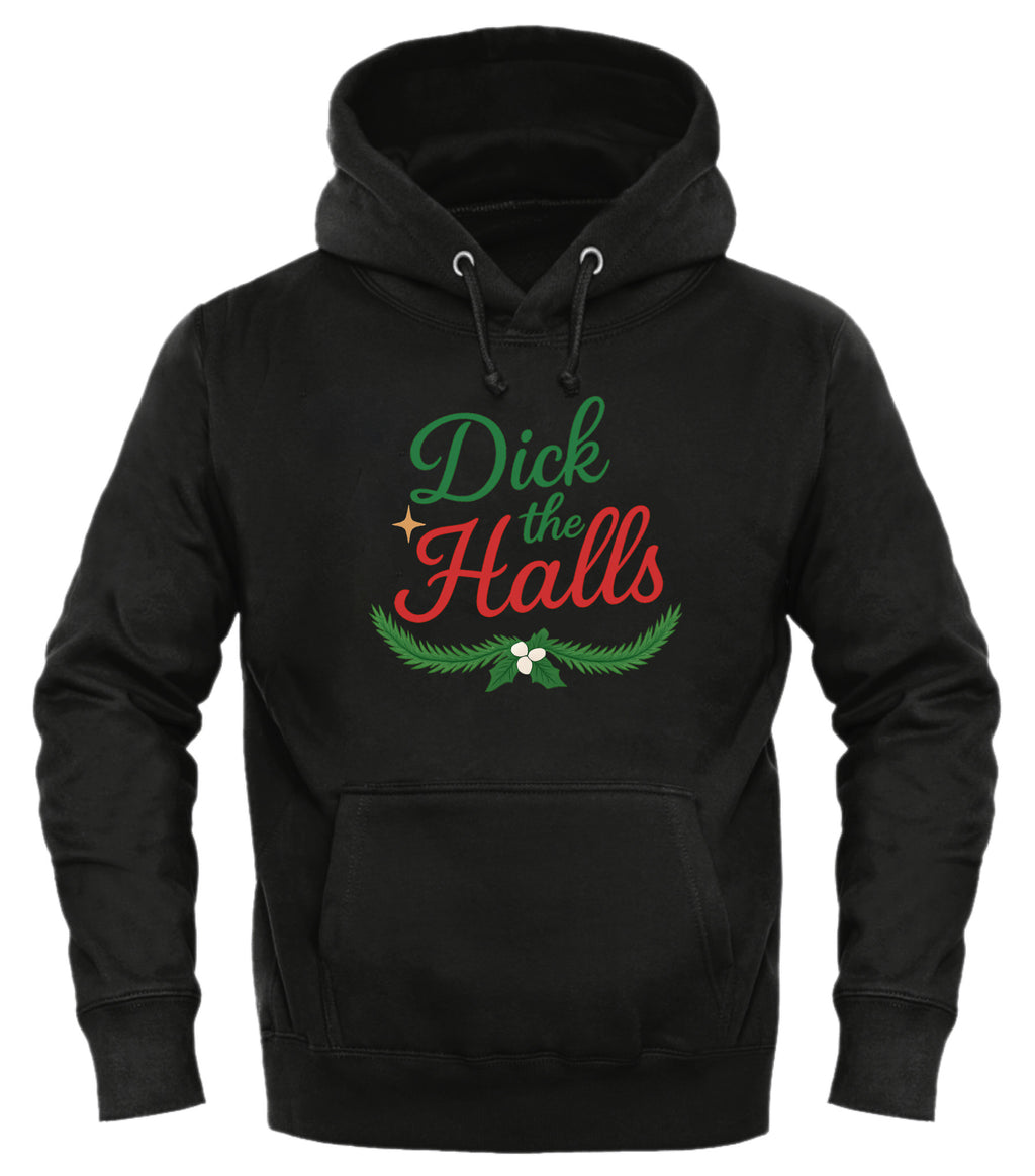 Black GOOD TROUBLE FASHION sweatshirt featuring festive Dick the Halls design with holiday greenery