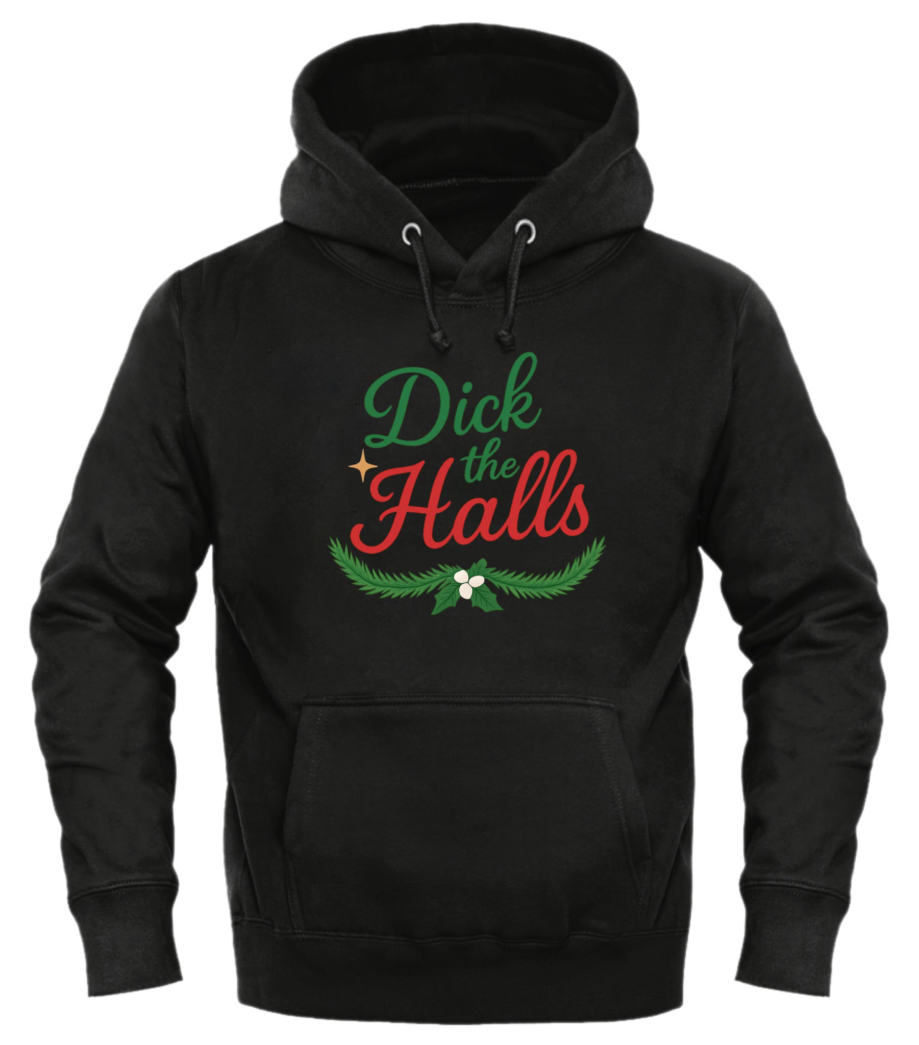 Black GOOD TROUBLE FASHION sweatshirt featuring festive Dick the Halls design with holiday greenery