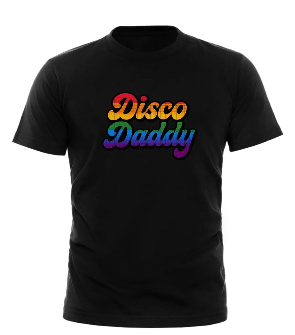 Black Good Trouble Garments Disco Daddy pride t-shirt with colorful rainbow text design