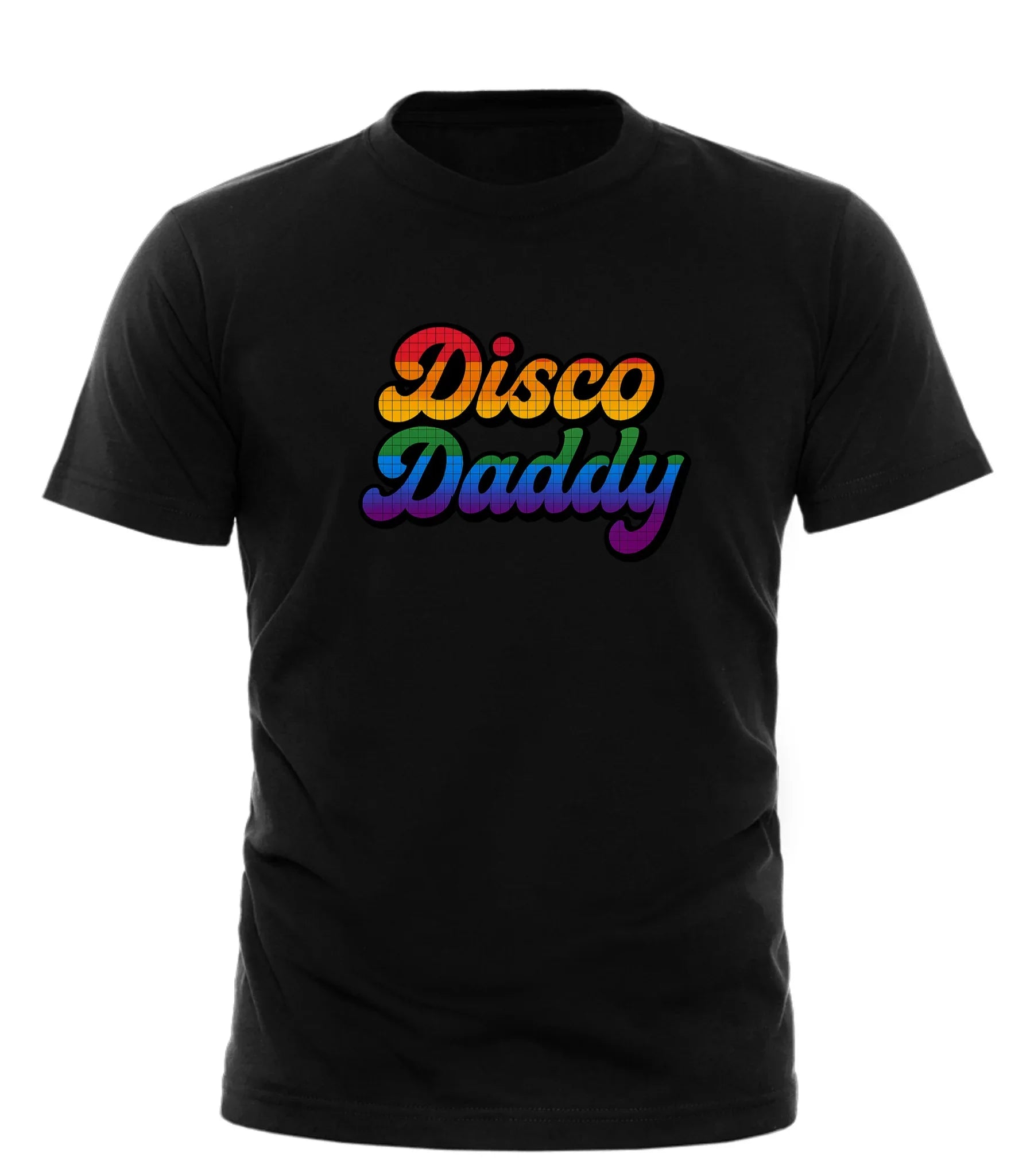 Black Good Trouble Garments Disco Daddy pride t-shirt with colorful rainbow text design
