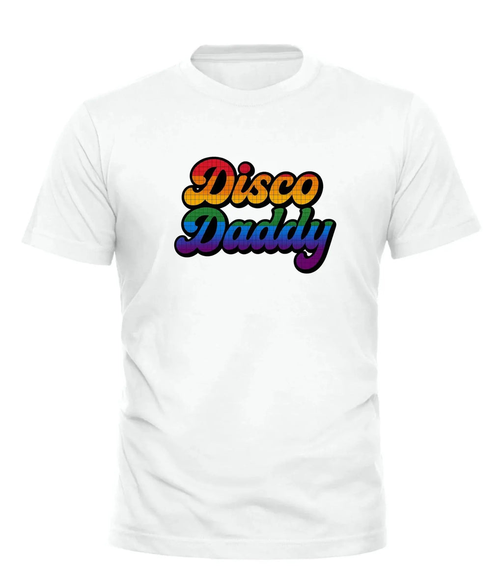 White Good Trouble Garments Disco Daddy pride t-shirt with rainbow text design