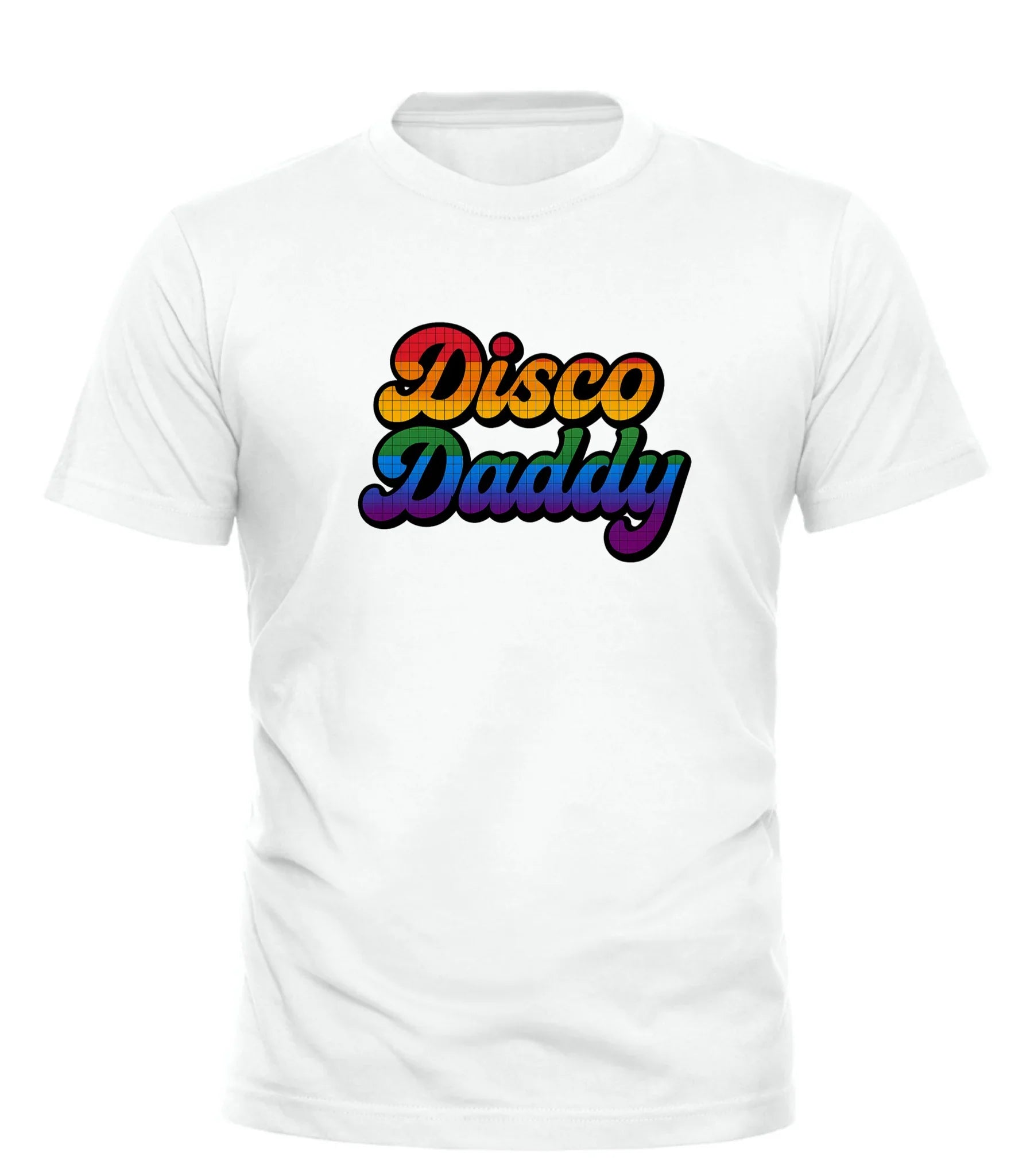 White Good Trouble Garments Disco Daddy pride t-shirt with rainbow text design