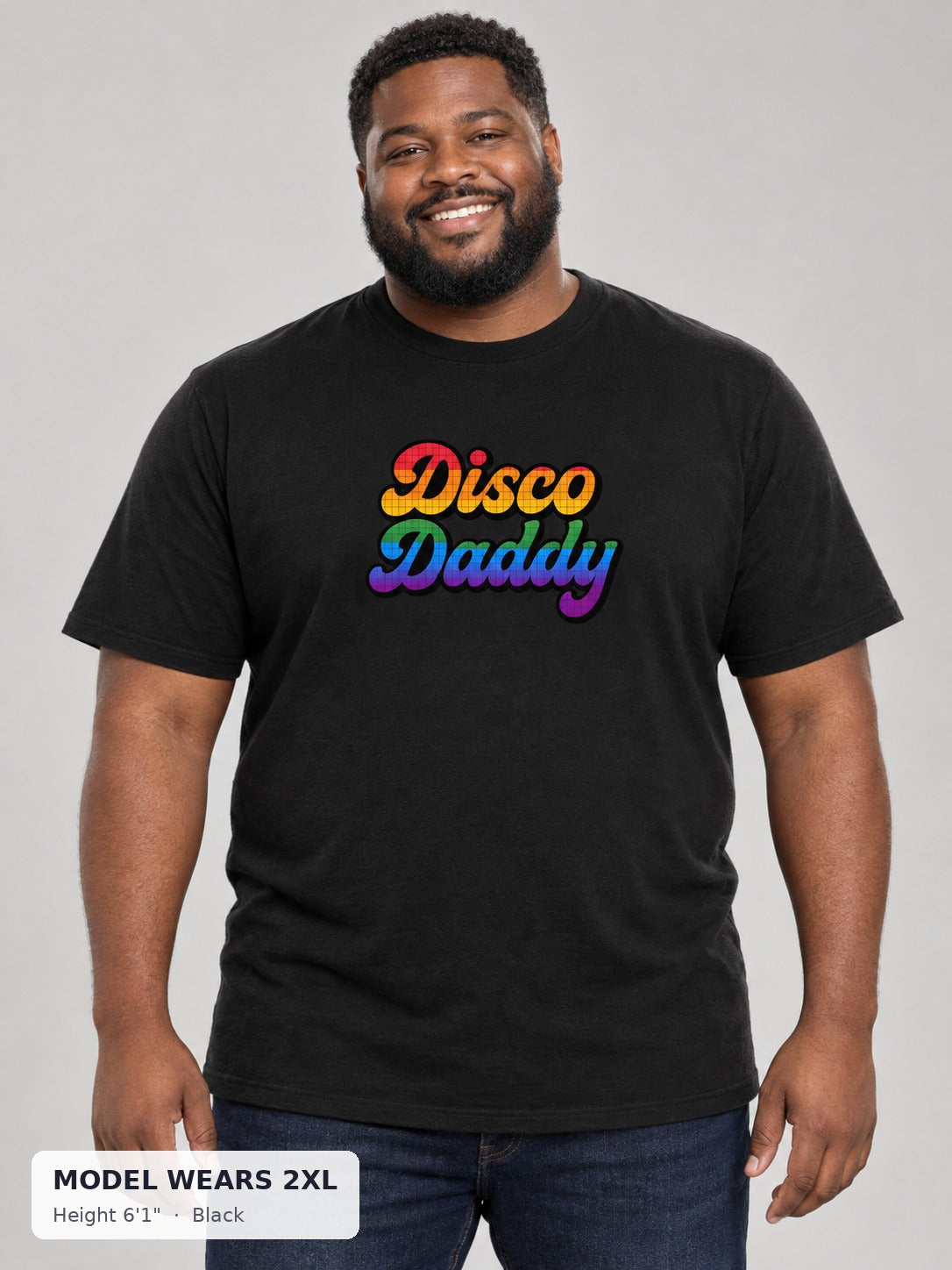 Disco Daddy Pride Tee in Black on a plus-size model wearing size 2XL, 6'1" - Good Trouble Fashion