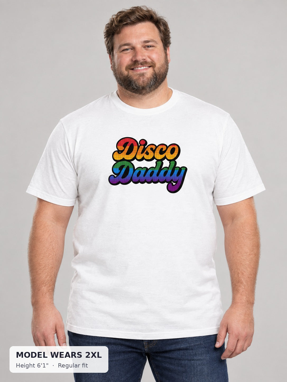 Disco Daddy Pride Tee on a plus-size model wearing size 2XL, 6'1" - Good Trouble Fashion