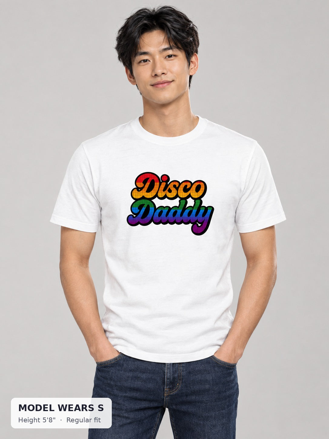 Disco Daddy Pride Tee on a slim model wearing size S, 5'8" - Good Trouble Fashion