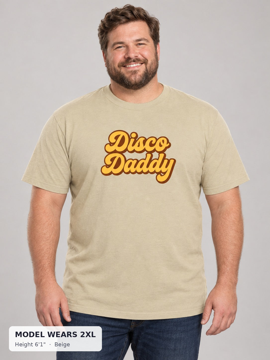Disco Daddy Retro Pride Tee in Beige on a plus-size model wearing size 2XL, 6'1" - Good Trouble Fashion