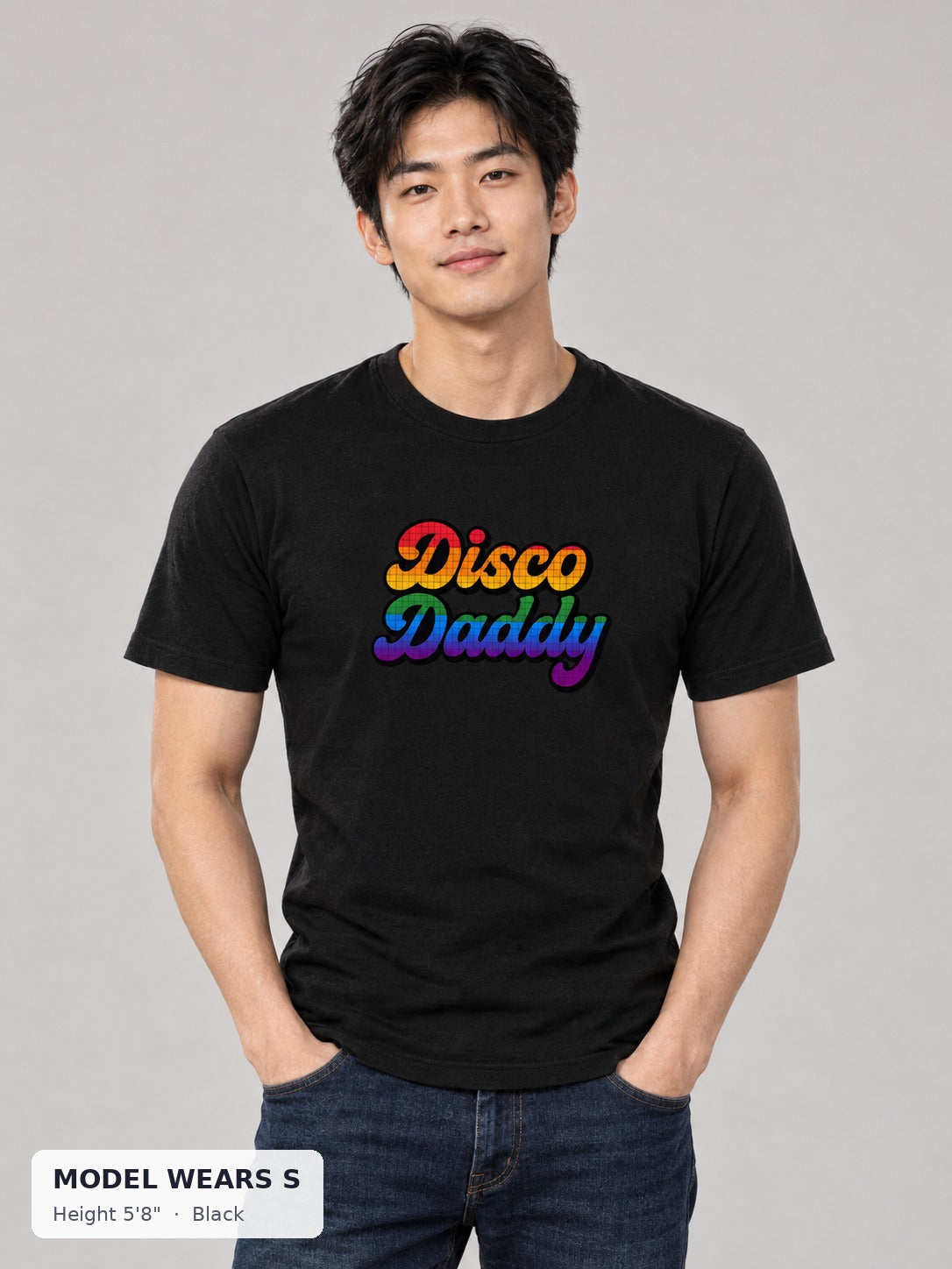 Disco Daddy Retro Pride Tee in Black on a slim model wearing size S, 5'8" - Good Trouble Fashion