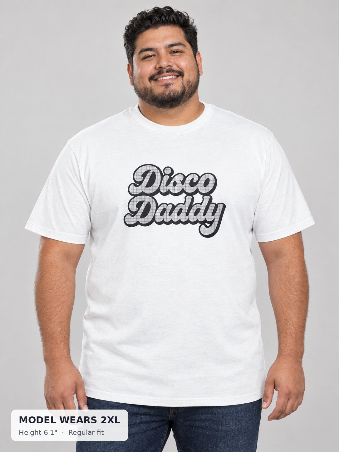 Disco Daddy Retro Pride Tee on a plus-size model wearing size 2XL, 6'1" - Good Trouble Fashion