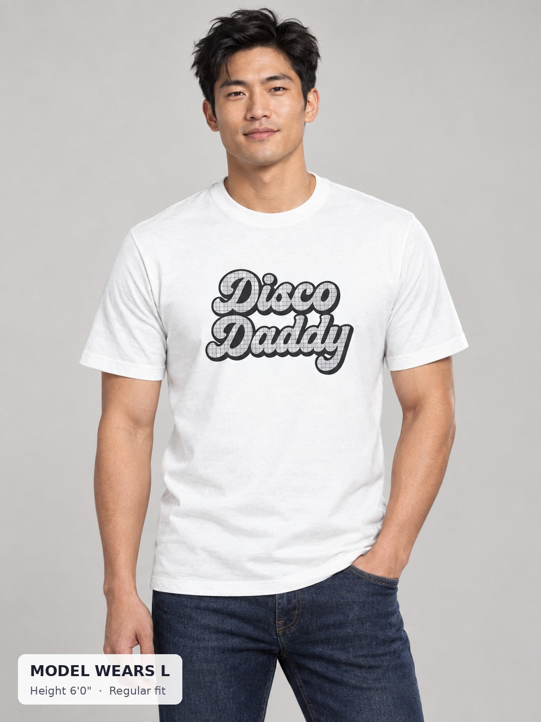 Disco Daddy Retro Pride Tee on an athletic model wearing size L, 6'0" - Good Trouble Fashion