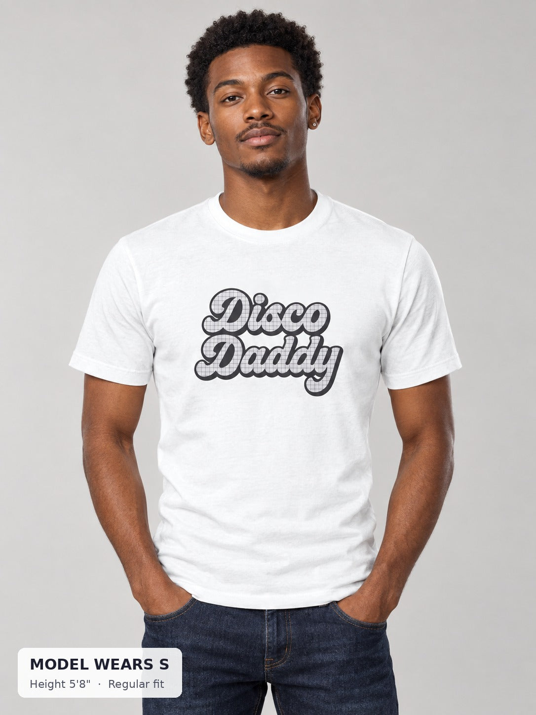 Disco Daddy Retro Pride Tee on a slim model wearing size S, 5'8" - Good Trouble Fashion