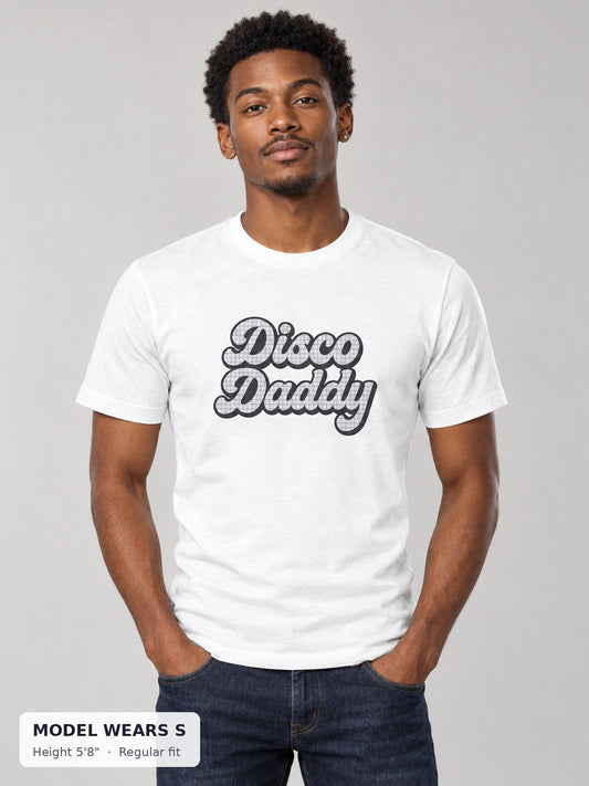 Disco Daddy Retro Pride Tee on a slim model wearing size S, 5'8" - Good Trouble Fashion