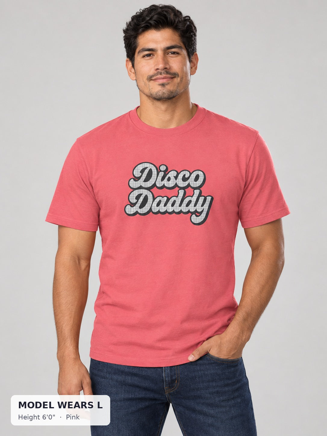 Disco Daddy Retro Pride Tee in Pink on an athletic model wearing size L, 6'0" - Good Trouble Fashion