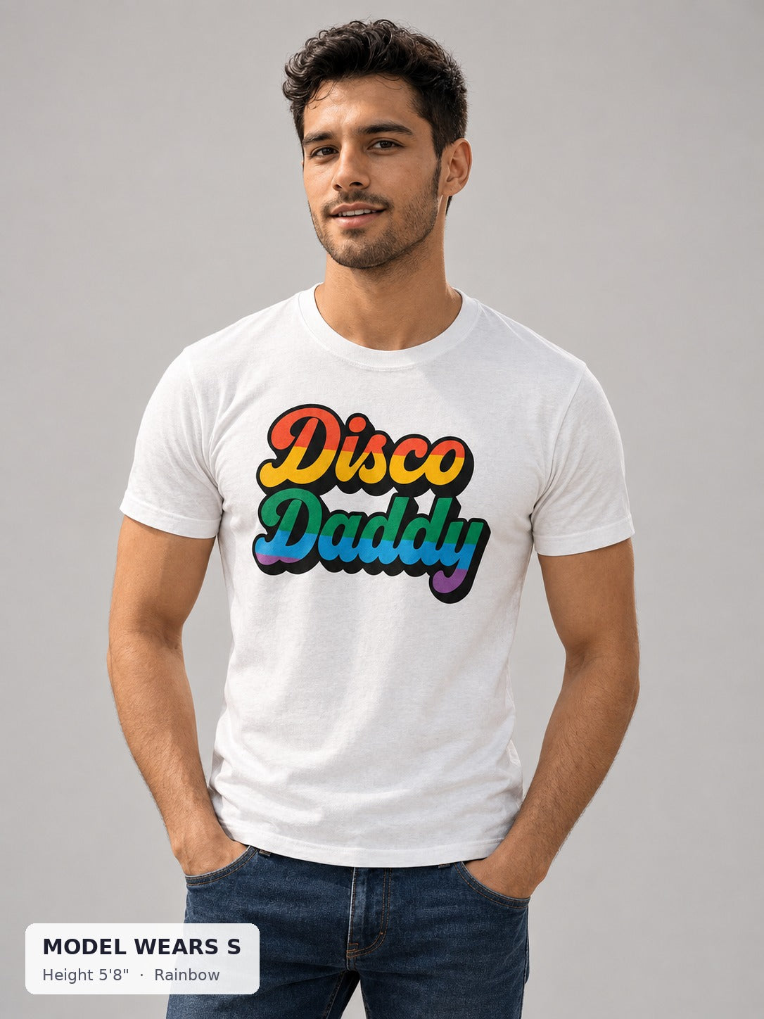 Disco Daddy Retro Pride Tee in Rainbow on a slim model wearing size S, 5'8" - Good Trouble Fashion