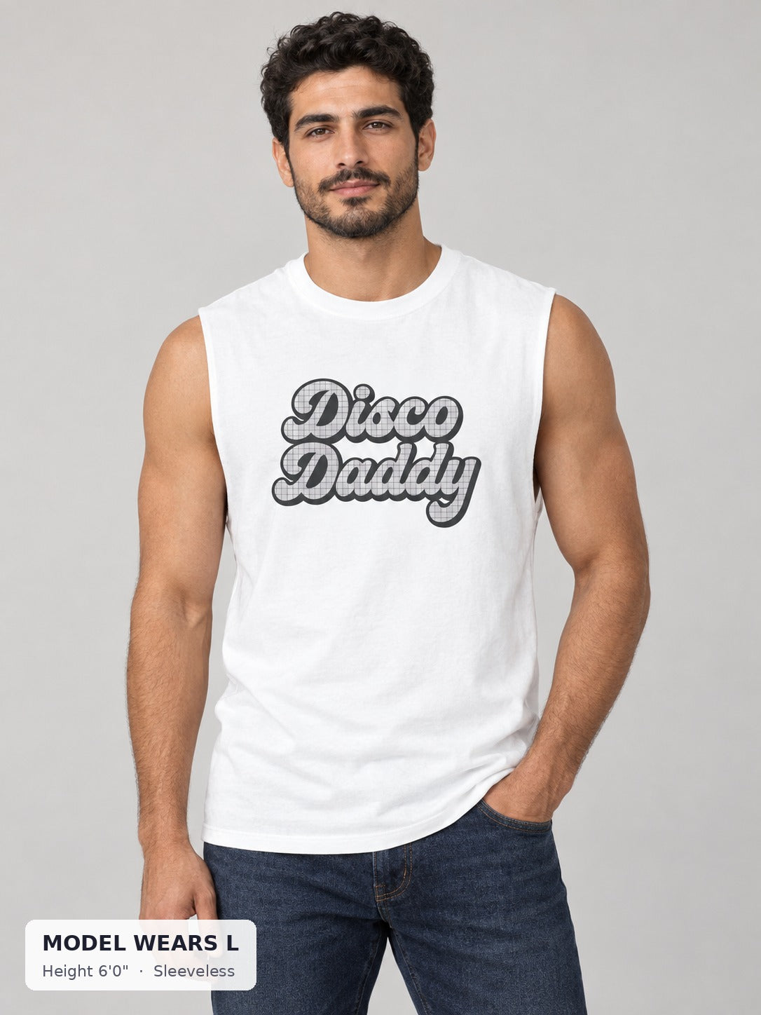 Disco Daddy Retro Pride Tee in Sleeveless style on an athletic model wearing size L, 6'0" - Good Trouble Fashion