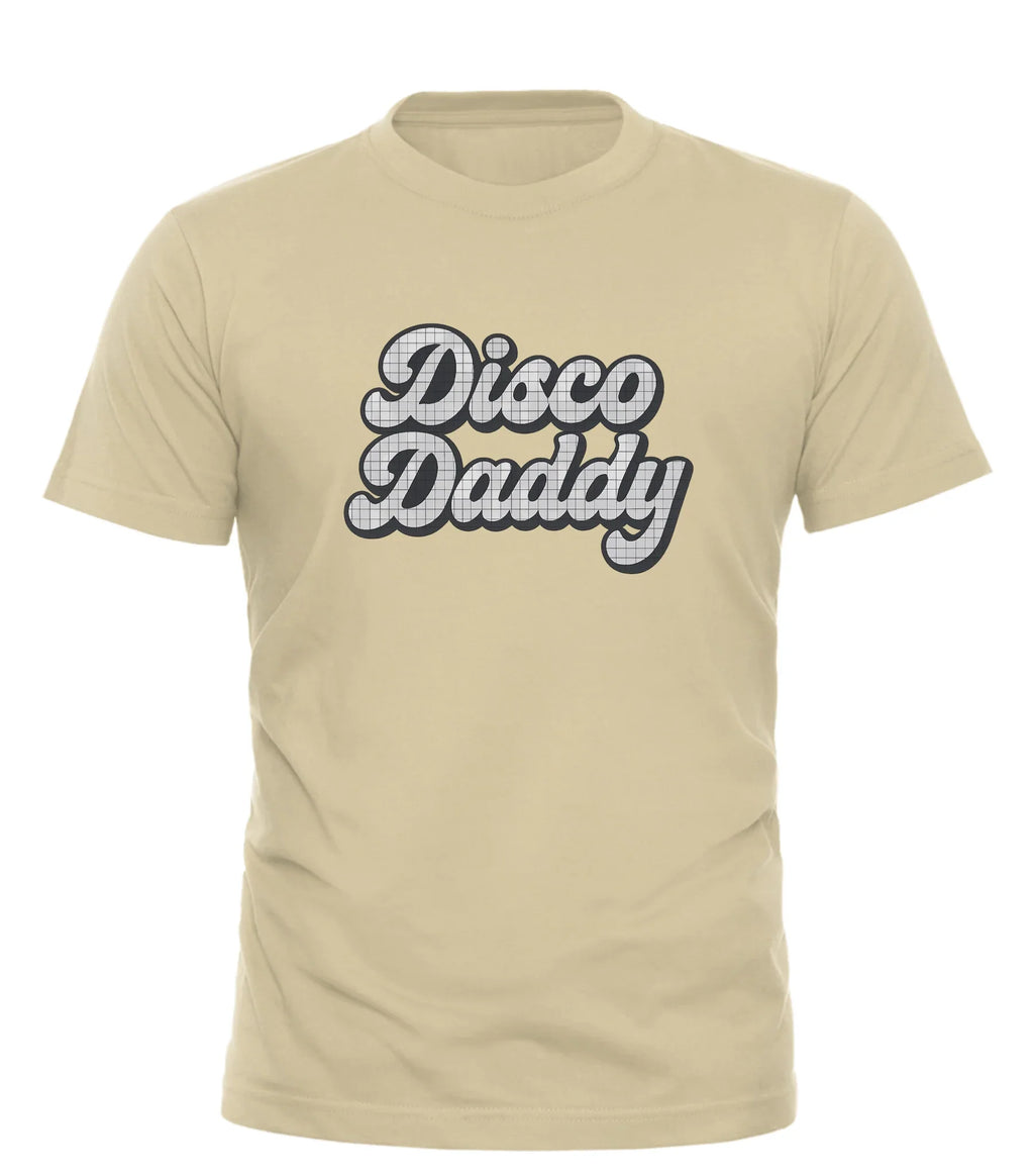 Good Trouble Garments beige Disco Daddy t-shirt with retro style lettering on front