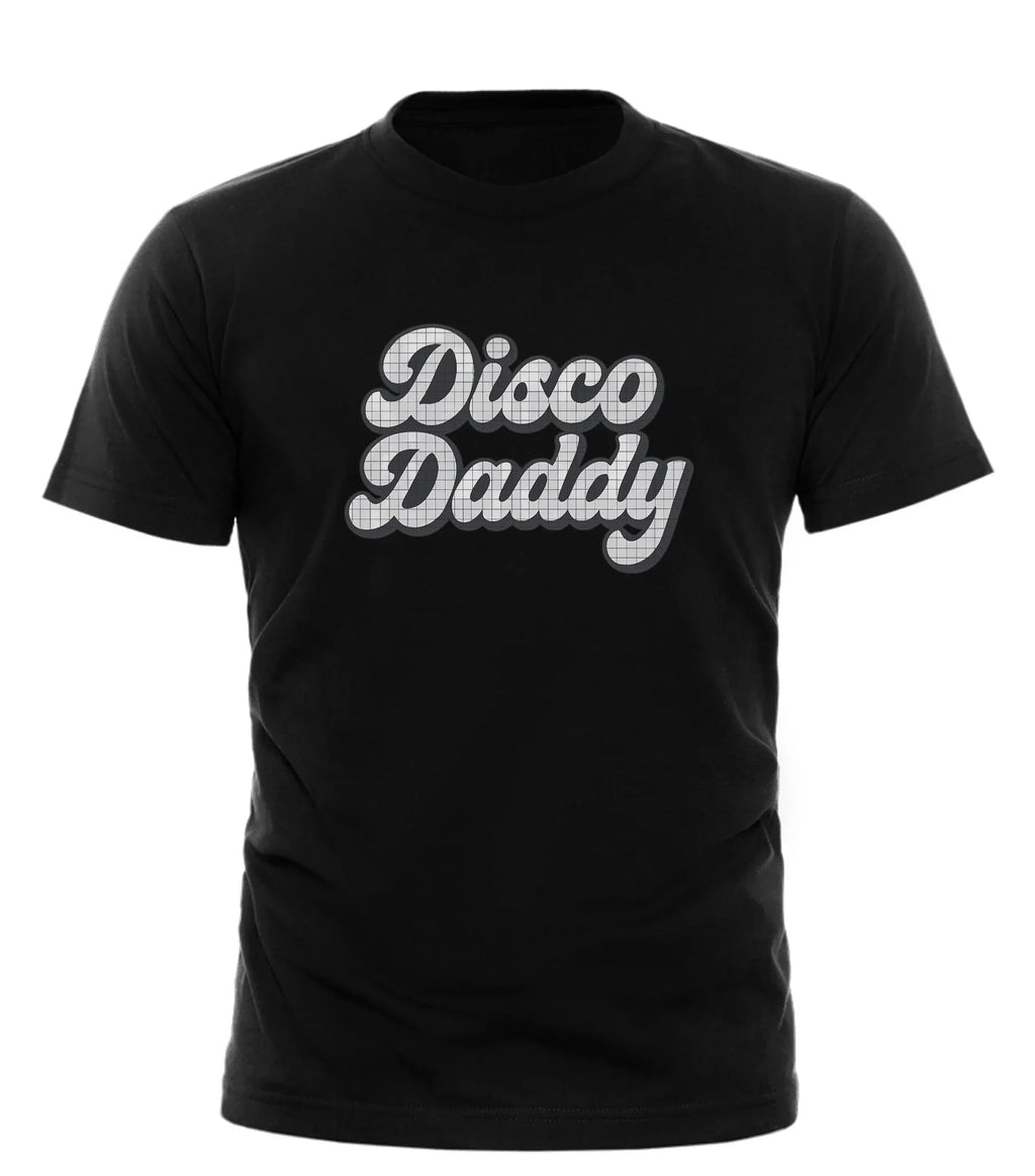 Black Disco Daddy t-shirt by Good Trouble Garments with retro disco style lettering on front