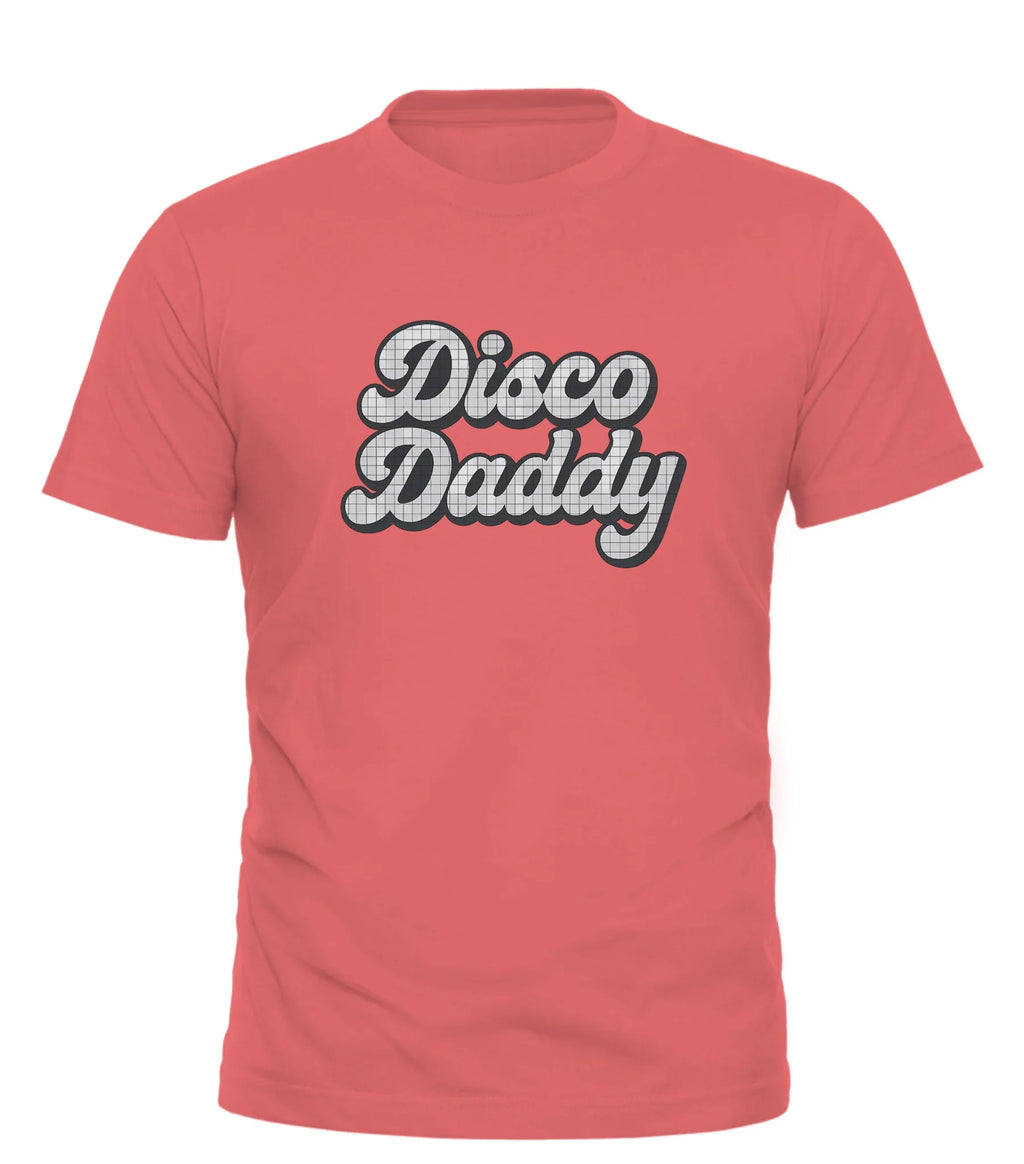 Good Trouble Garments red Disco Daddy t-shirt with retro white and black text design