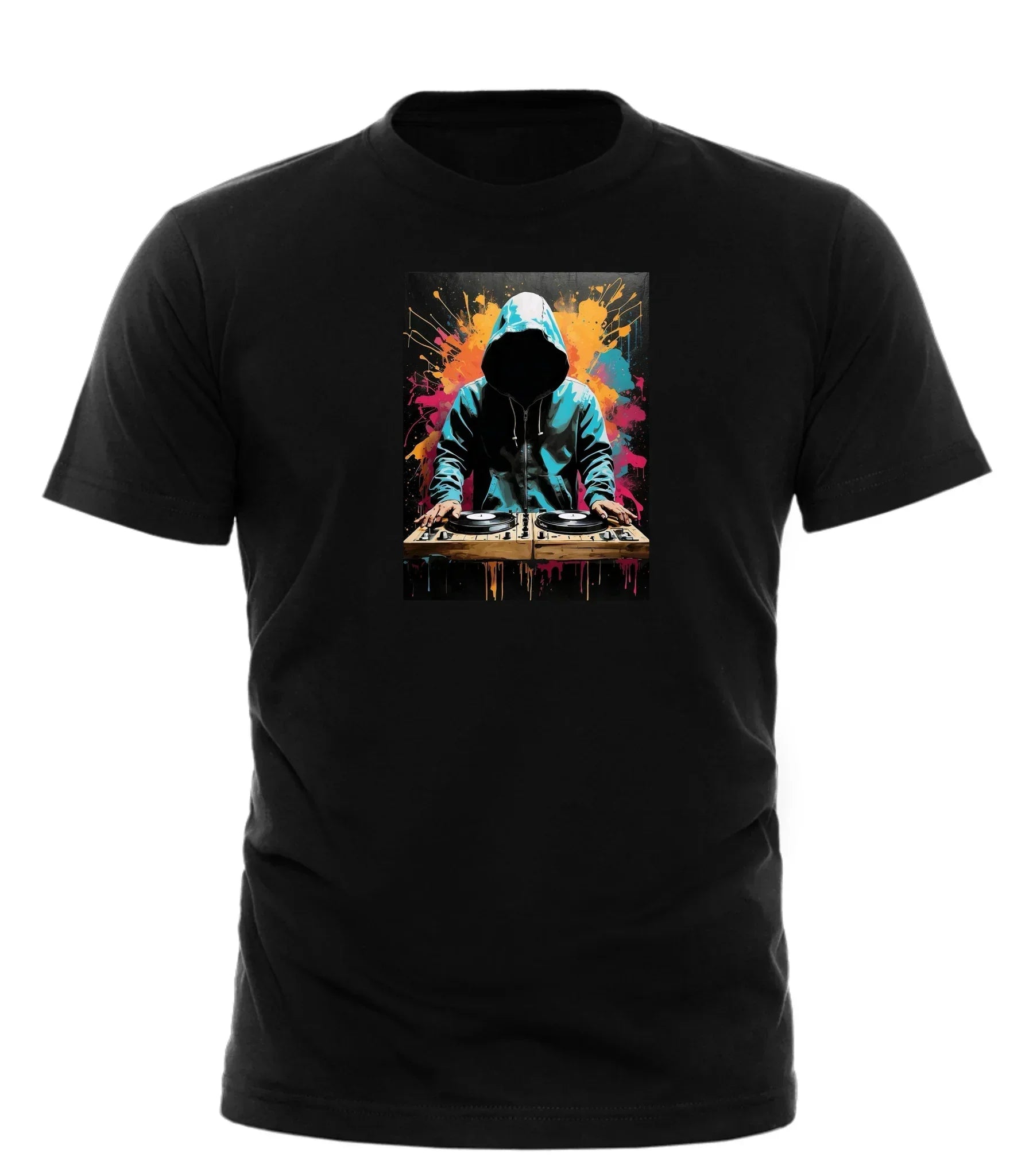 Black Good Trouble Garments DJ Play My Song tee featuring a colorful DJ artwork with hoodie and turntables