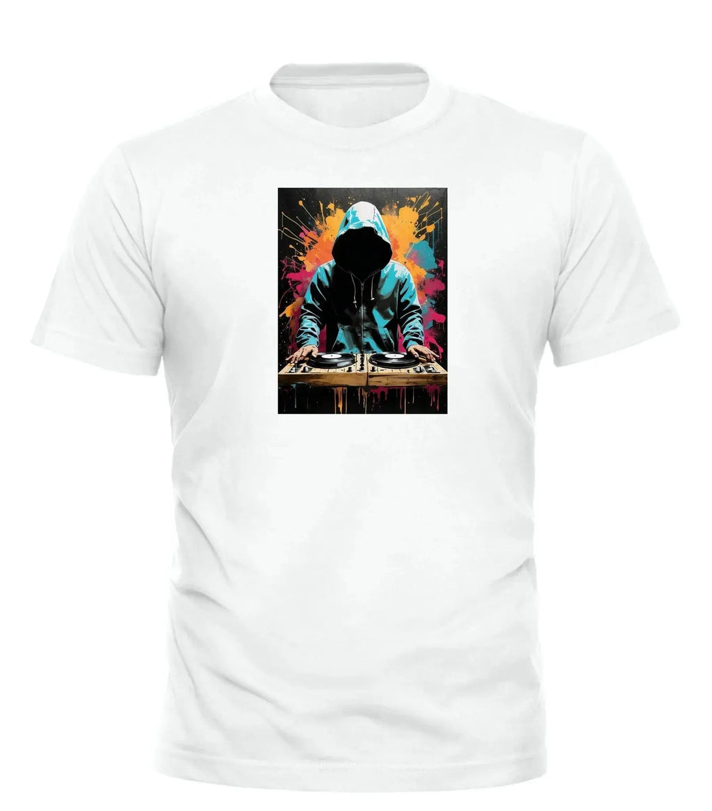 Good Trouble Garments DJ Play My Song tee white with colorful hooded DJ graphic on front