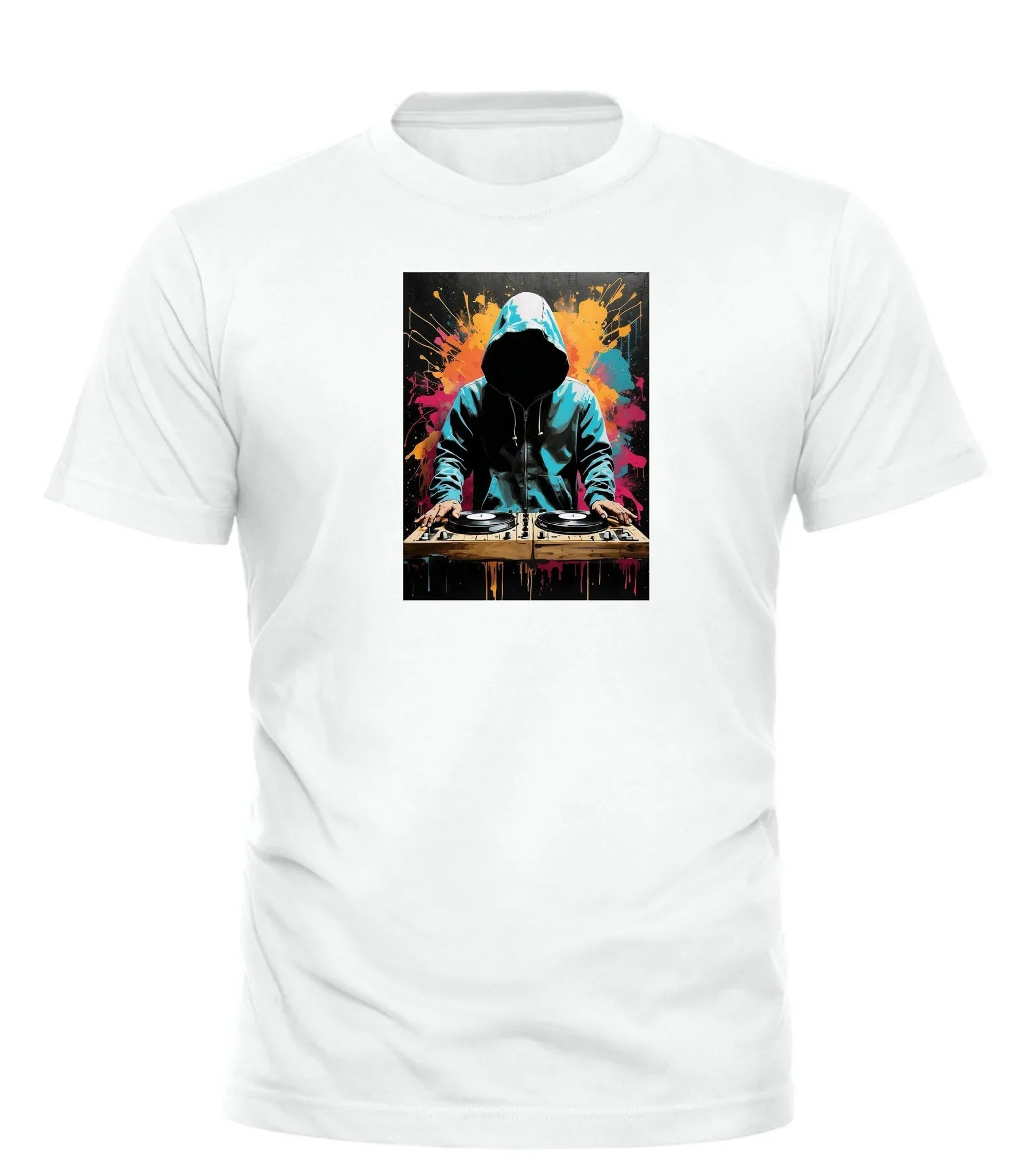 Good Trouble Garments DJ Play My Song tee white with colorful hooded DJ graphic on front