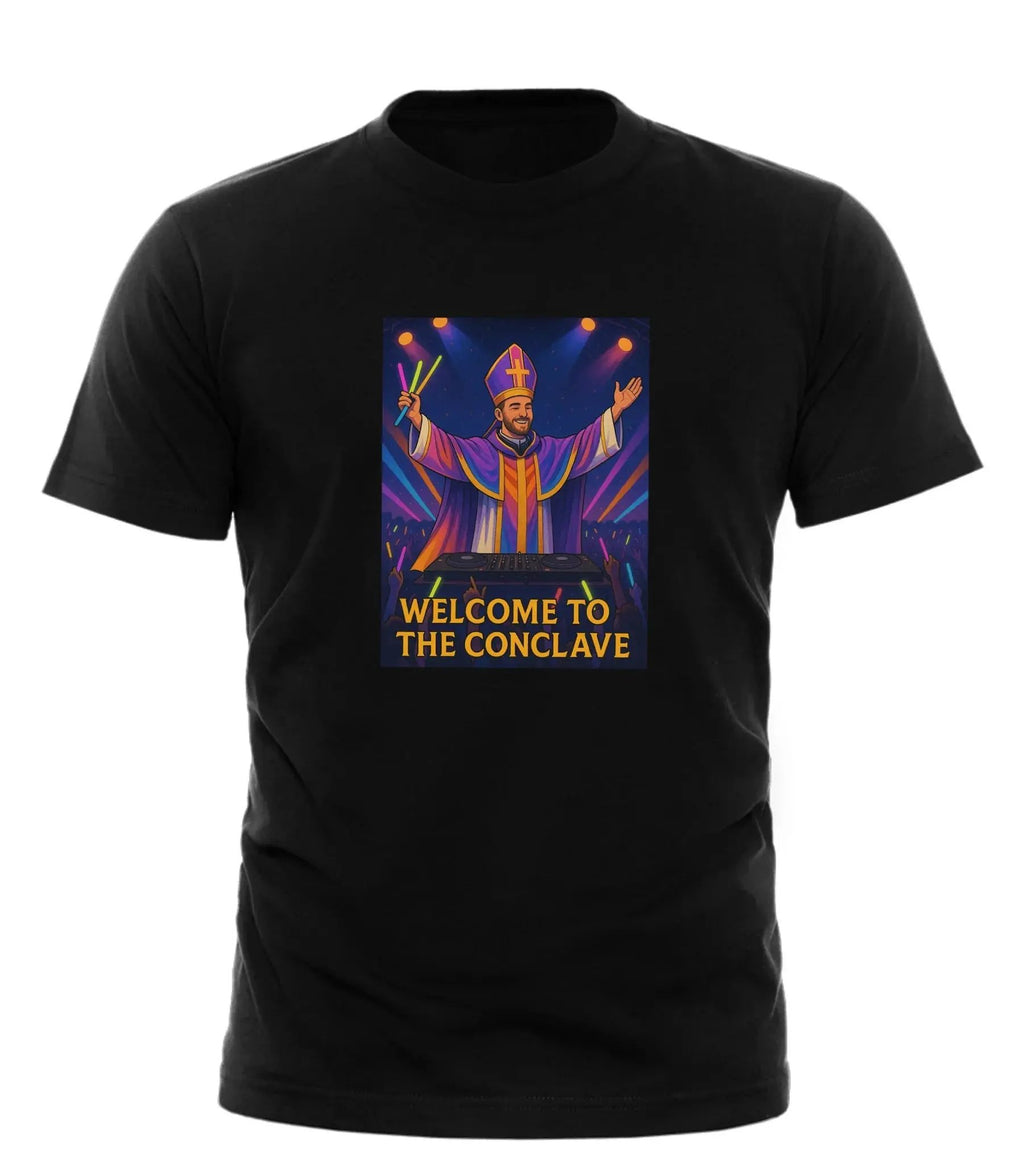 Black DJ pope t-shirt from Good Trouble Garments featuring colorful DJ pope graphic and welcome to the conclave text