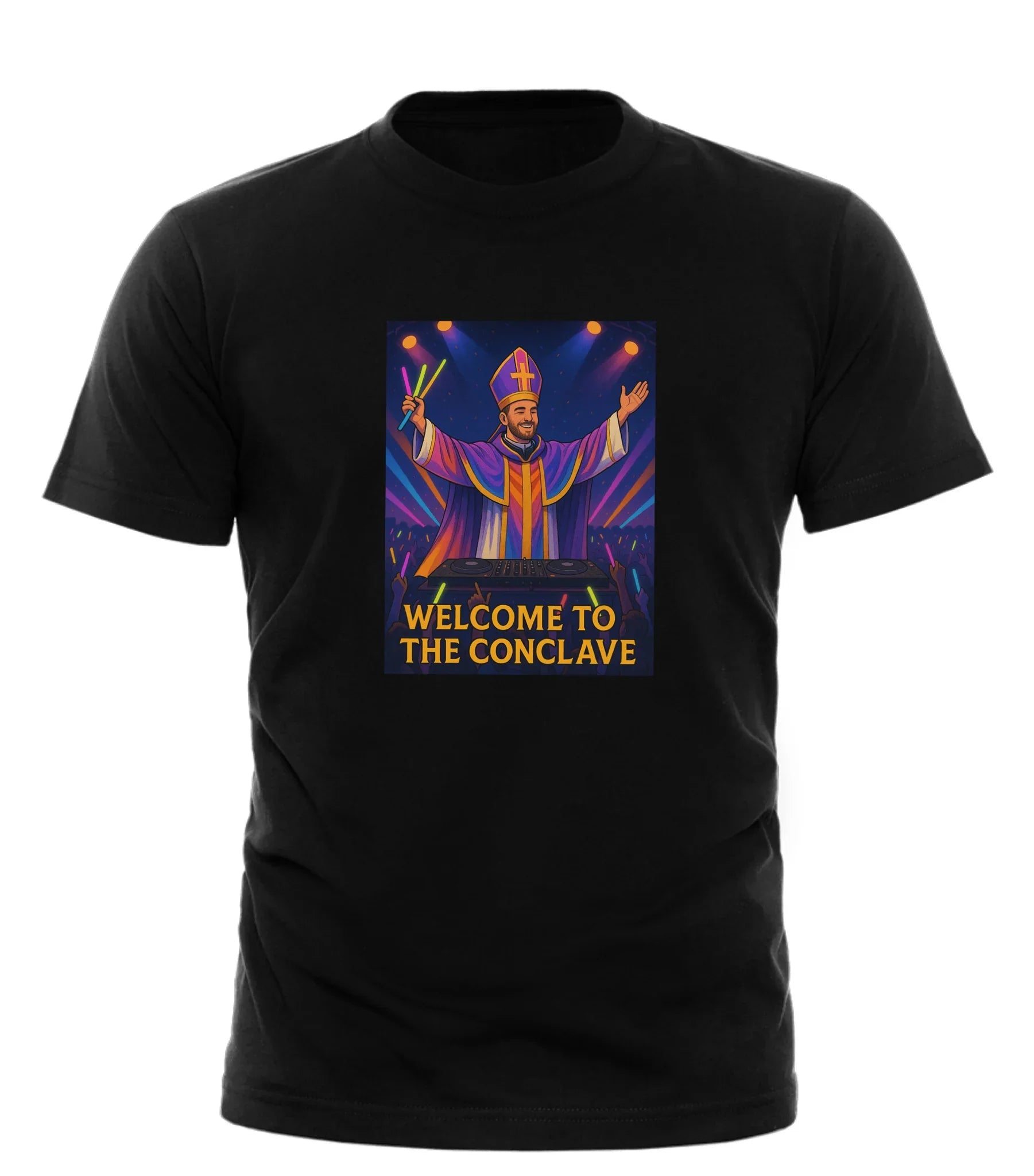 Black DJ pope t-shirt from Good Trouble Garments featuring colorful DJ pope graphic and welcome to the conclave text