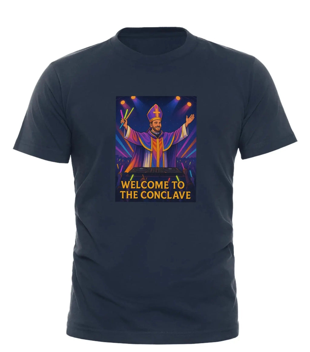 Good Trouble Garments DJ pope t-shirt with colorful DJ pope graphic and welcome to the conclave text